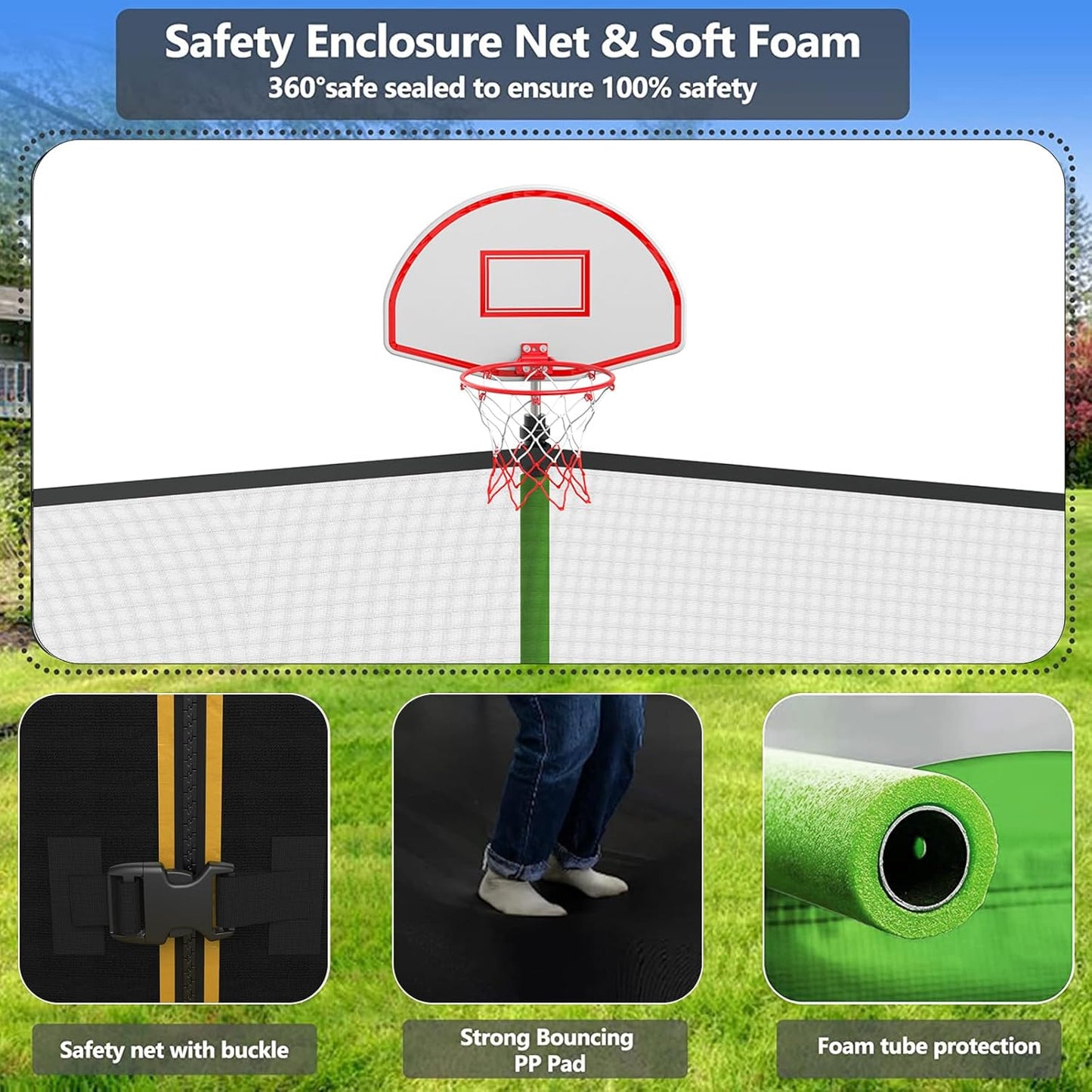Upgraded 10/12/14/15/16FT Trampoline Outdoor, Large Kids Trampoline with Light, Stakes, Sprinkler, Backyard Trampoline with Basketball Hoop and Net, Capacity for 4-6 Kids and Adults