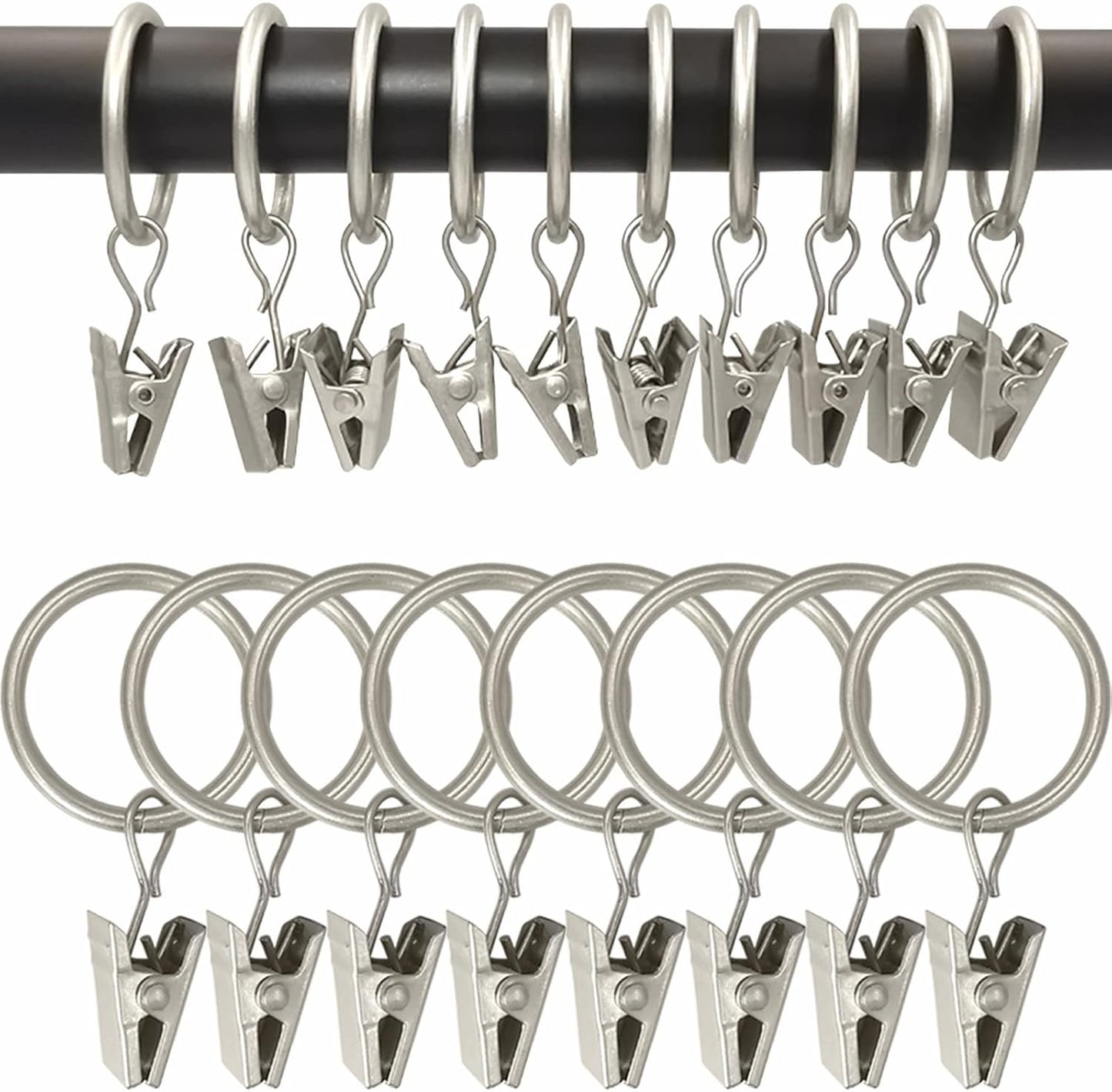 100 Pack Matte Silver Curtain Rings with Clips, Curtain Hooks Hangers Clip Rings for Hanging Drapes Bows Hat, Drapery Rings 1 in I D, Fits up to 5/8 in Diameter Curtain Rod.