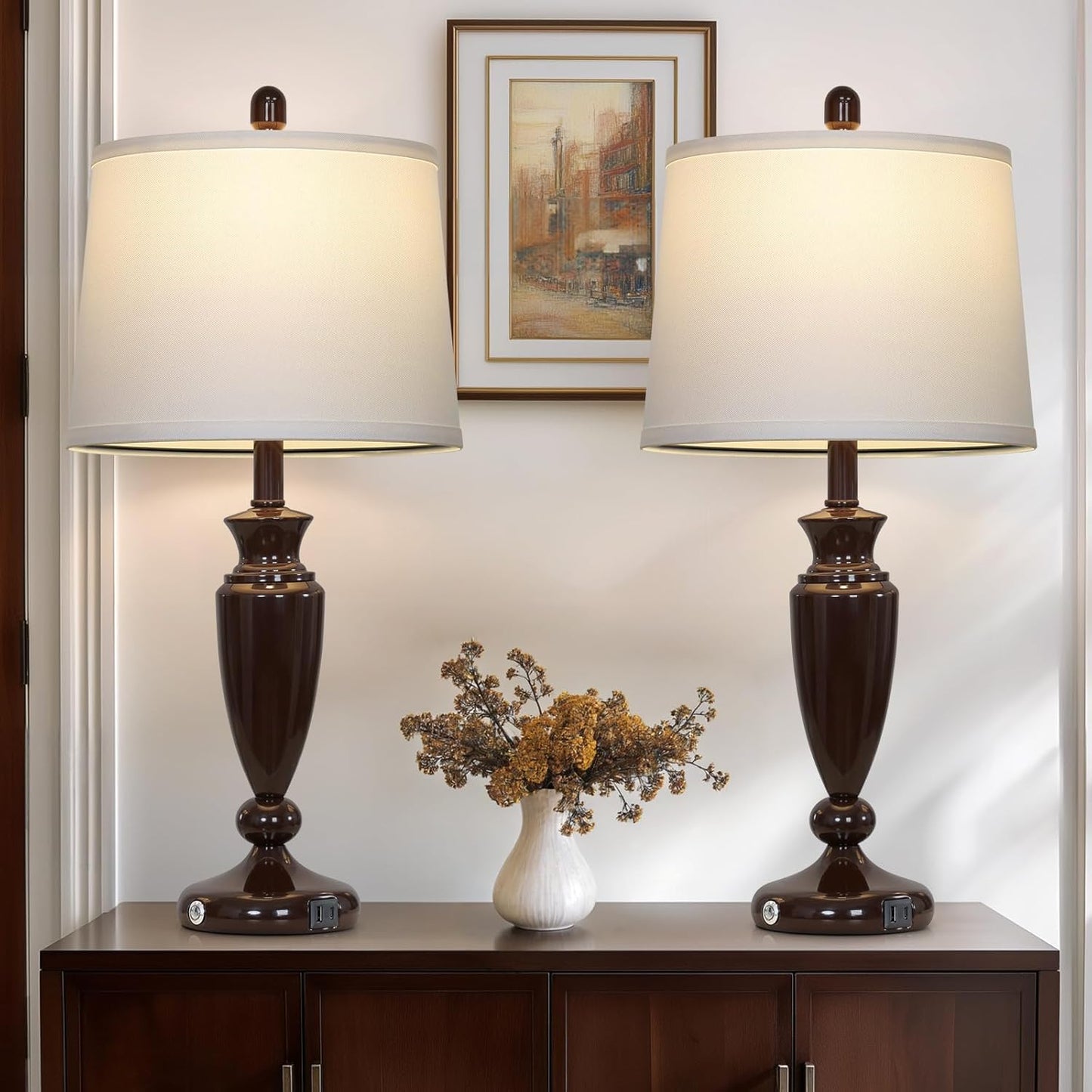 27'' Brown Living Room Lamps Set of 2, 3 Way Touch Control Table Lamps with USB A+C Ports, Modern Bedside Lamps, Elegant Metal Nightstand Lamps for Bedroom Office End Table Decoration