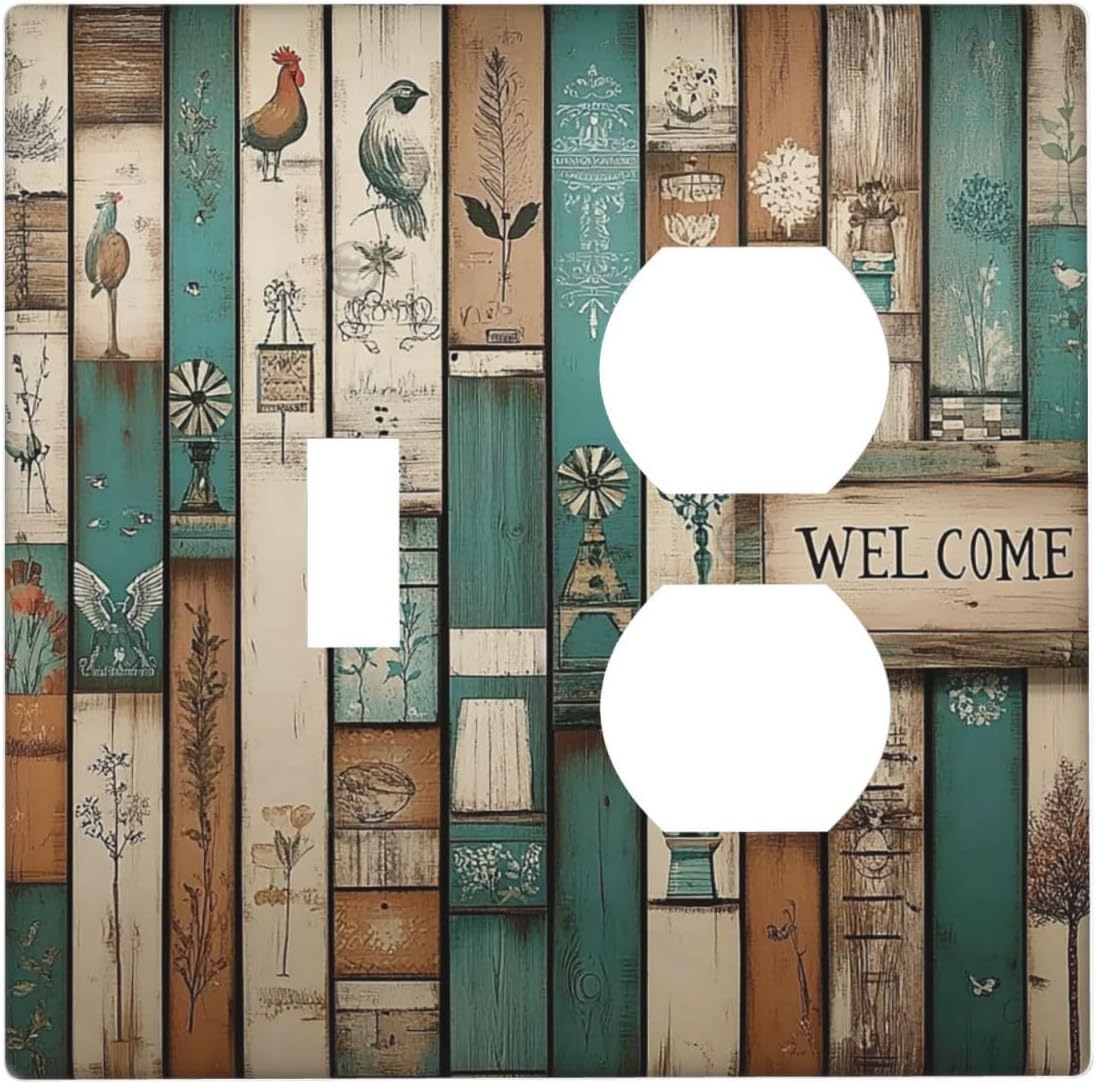 Wallplates Vintage Wood Brown Turquoise Splicing 1 Toggle 1 Duplex Switch Plate Electrical Gfci Faceplate Decorative Light Switch Covers For Farmhouse Cabin Decor