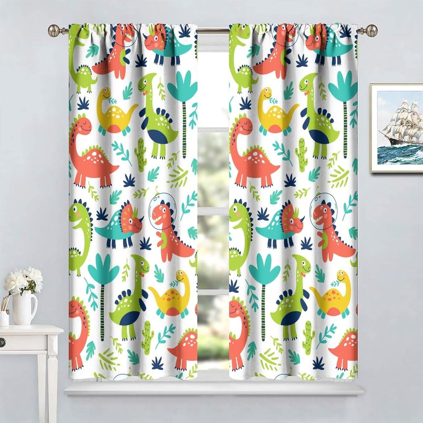 Rustic Dinosaurs Curtains Colorful Dino Kids Boys Cartoon Cute Cool Funny Decor Printed Blackout Rod Pocket Window Drapes for Living Room Bedroom W31.5xL63in 2 Panels