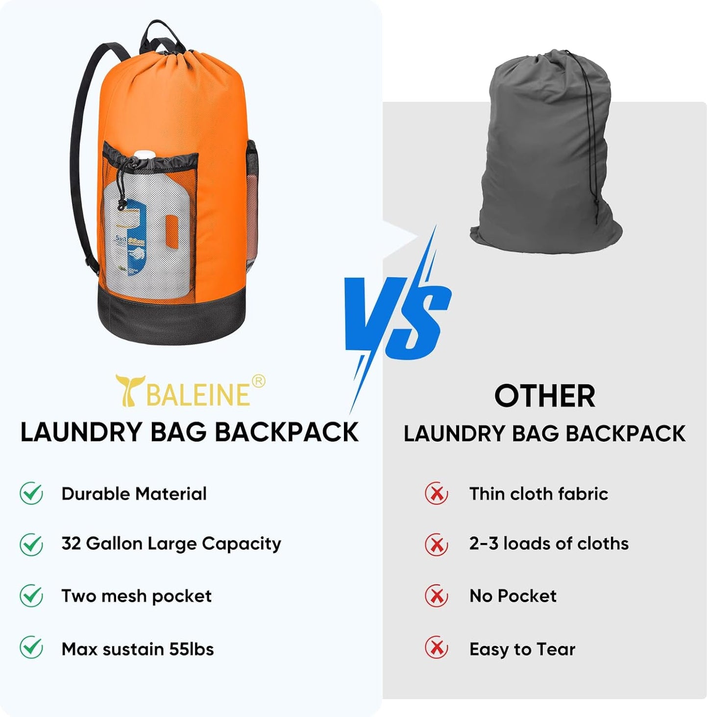 BALEINE 120L Laundry Bag Backpack, 900D Oxford Fabric Large Travel Laundry Bags with Shoulder Straps and 2 Mesh Pockets for College Dorm, Apartment, Laundromat (Orange, 120L)
