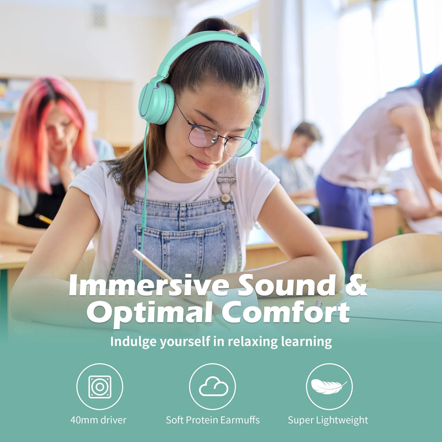 Kids Headphones, AILIHEN I35 On-Ear Headphones for School, 93dB HD Mic Stereo Headphone for Kid Girls Children, Foldable Wired 3.5mm for Chromebook, Laptop, Computer, Tablet (Green Purple)