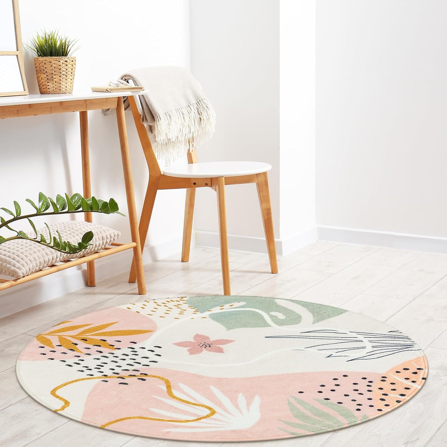 Lahome Boho Pink 3Ft Round Area Rugs - Soft Cute Small Circle Rug for Kids Nursery Room, Washable Non-Slip Botanical Print Circular Carpet for Sofa Playroom (Pink,3'x3')