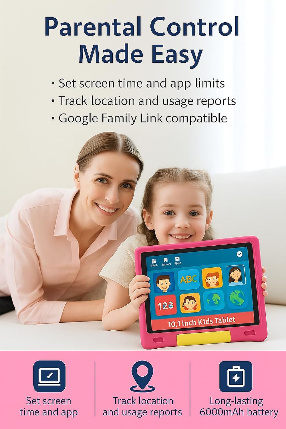 10.1 Inch Kids Tablet with Shockproof Case | Android 14, 64GB+8GB RAM, 12H Battery | Parental Control, Google Kids Space & Preloaded Educational Apps | WiFi 6, HD Display, Ages 3-12