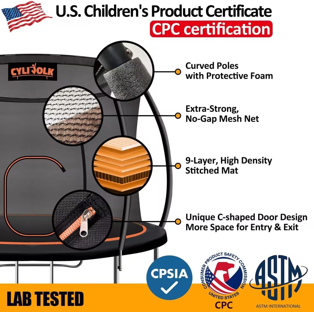 Trampoline for Kids, Heavy Duty Recreational Trampolines Toddler Trampoline with Enclosure Net Ladder Indoor Outdoor Trampoline CPC Approved