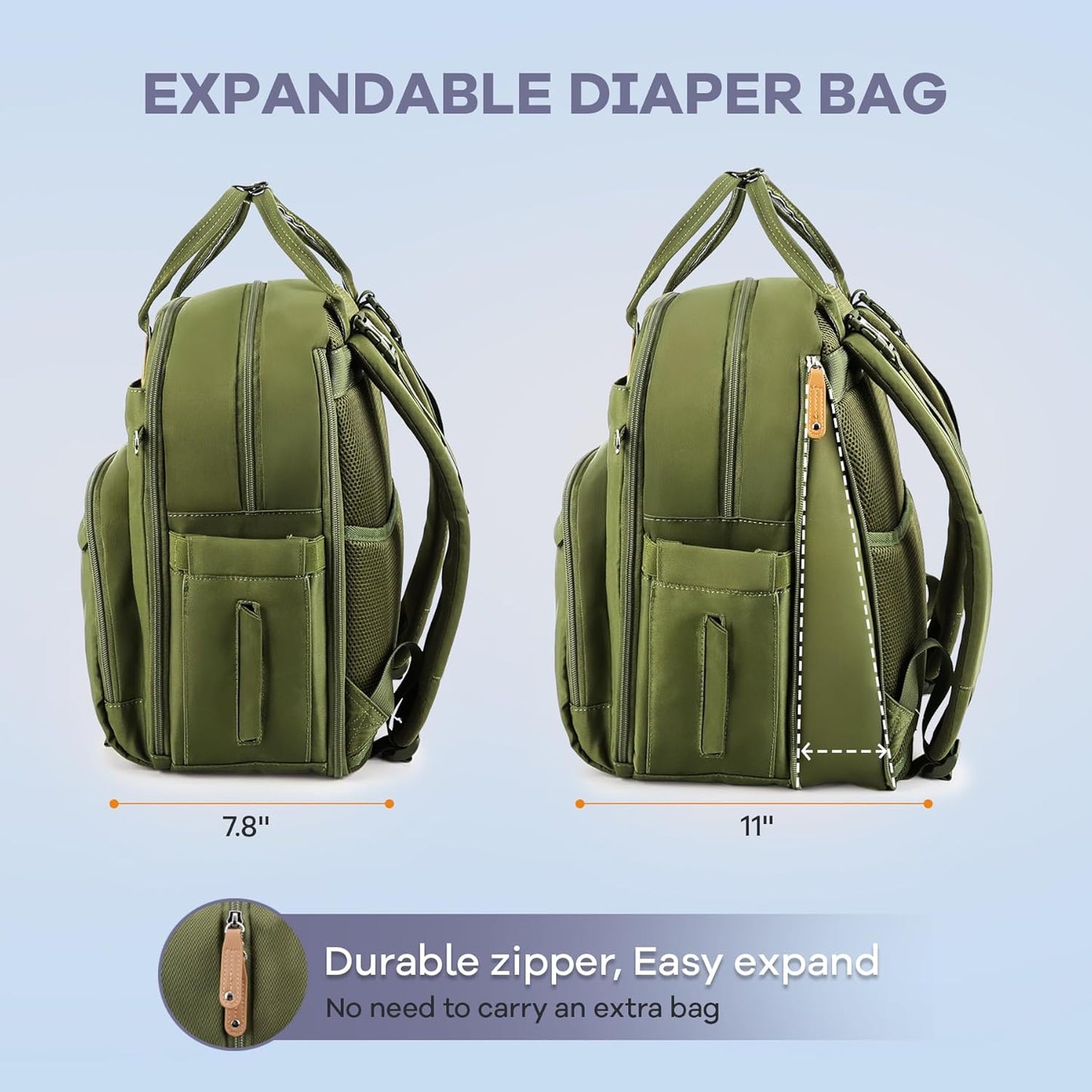 RUVALINO Diaper Bag Backpack-Expandable Baby Bag with up to 50% Capacity -Baby Essentials Bag with Changing Pad Insulated Bottle Holders & Pacifier Case, Waterproof, Army Green XL