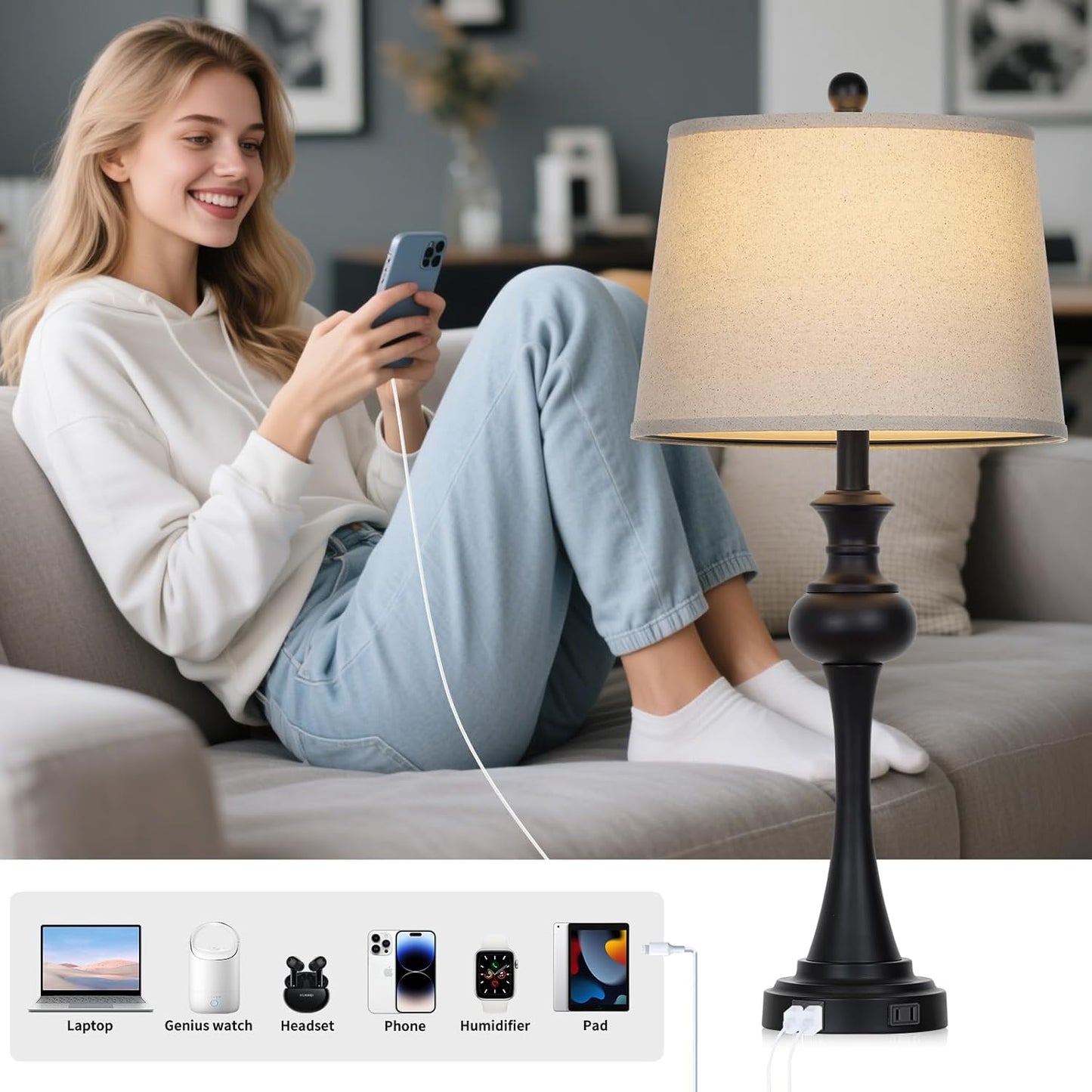 28.75" Black Table Lamps Modern 3-Way Dimmable Bedside Lamp with USB A+C Ports & AC Outlets for Living Room Bedroom Nightstand Lamp,Beige Fabric Shade Mid Century Accent Style
