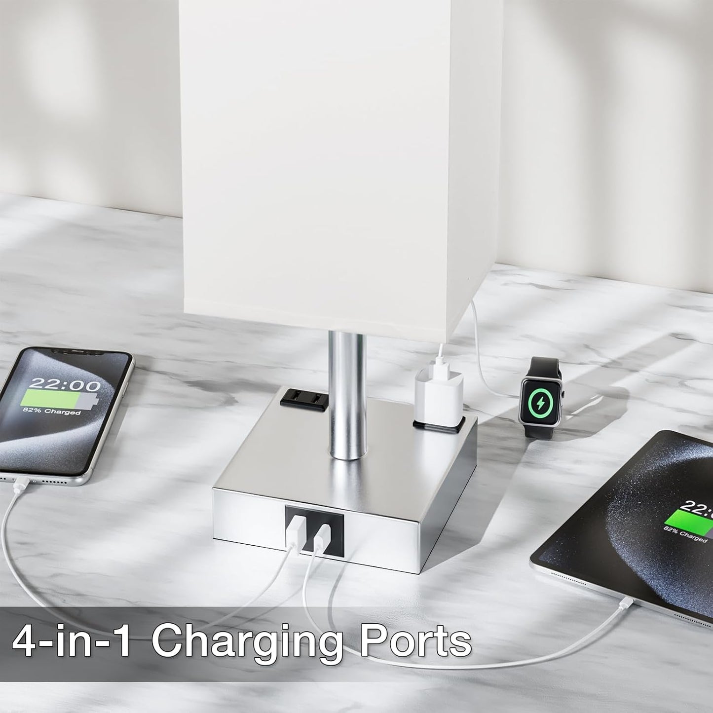 Touch Bedside Table Lamp for Nightstand - 3-Way Dimmable Night Lamp with USB A + Type C Charging Ports and Two AC Outlets, Small Desk Light with E26 LED Bulb for Bedroom Living Room Dorm Office,White