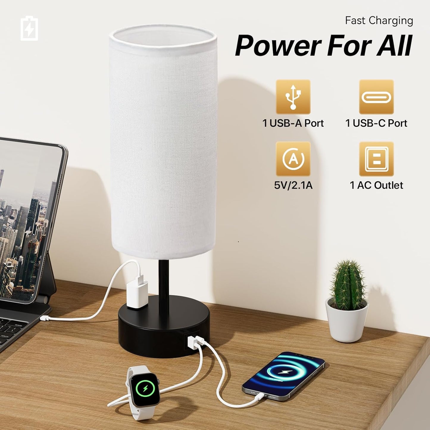 KPQ Small Bedside Lamp Touch Control Table Lamp with USB A+C Charging Ports & AC Outlet 3-Way Dimmable Nightstand Lamp with Linen Fabric Shade for Bedroom Living Room