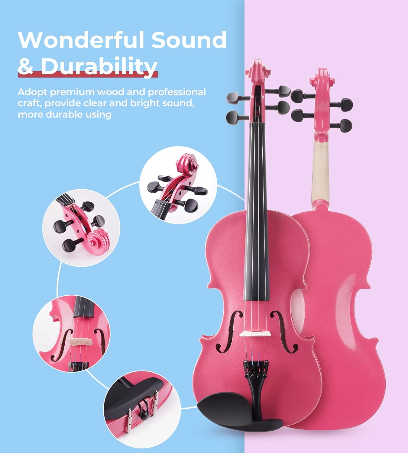 Vangoa Pink Violin 4/4 Full Size Fiddle Set, Acoustic Violin for Women Beginners Adults Teens Girls Kids 9-12, Starter Violin Kit with Hard Case, Premium Accessory Outfit