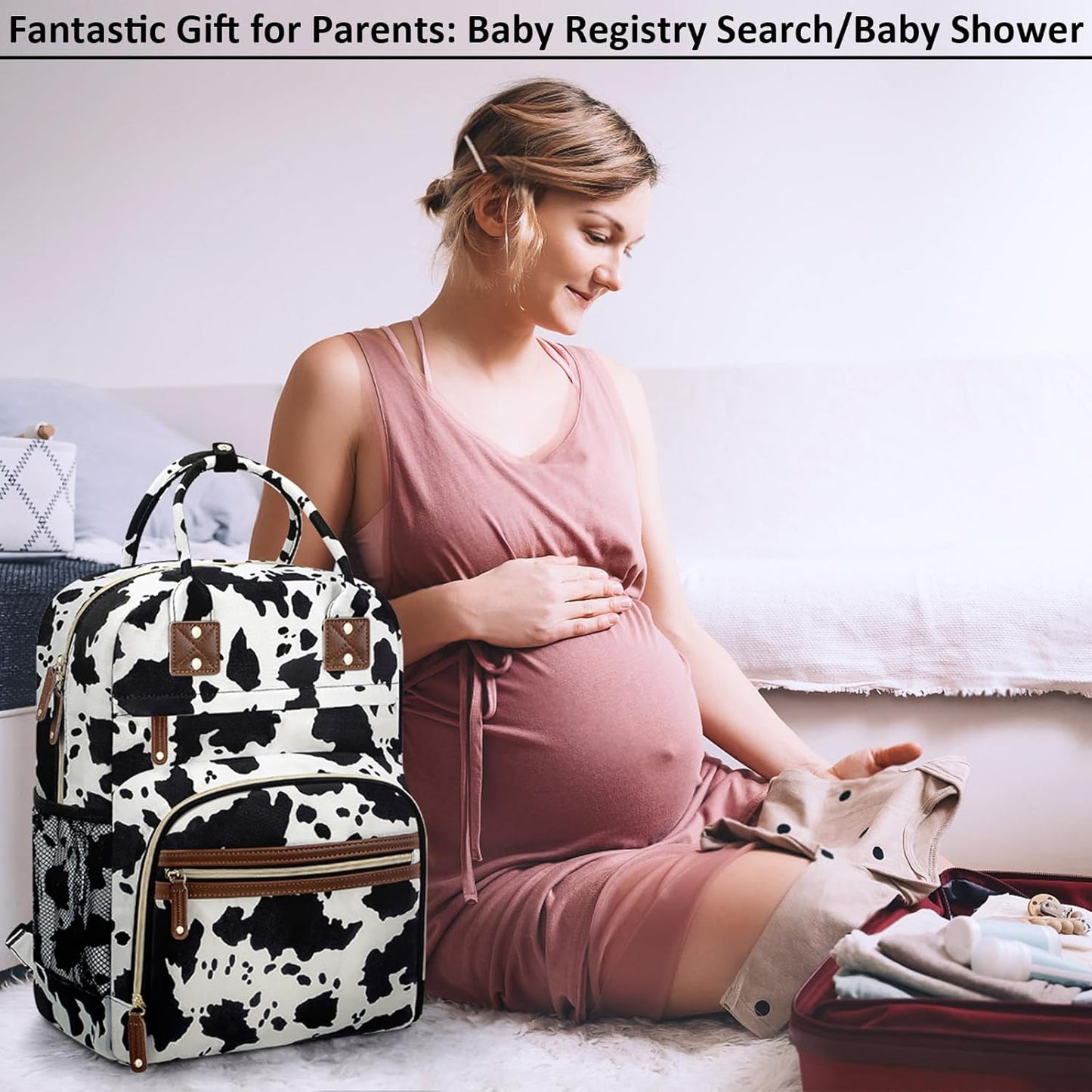 Large Capacity Baby Diaper Bag Backpack with Insulated Pockets, Waterproof, Stylish Cow Print Design, Suitable for Boys and Girls
