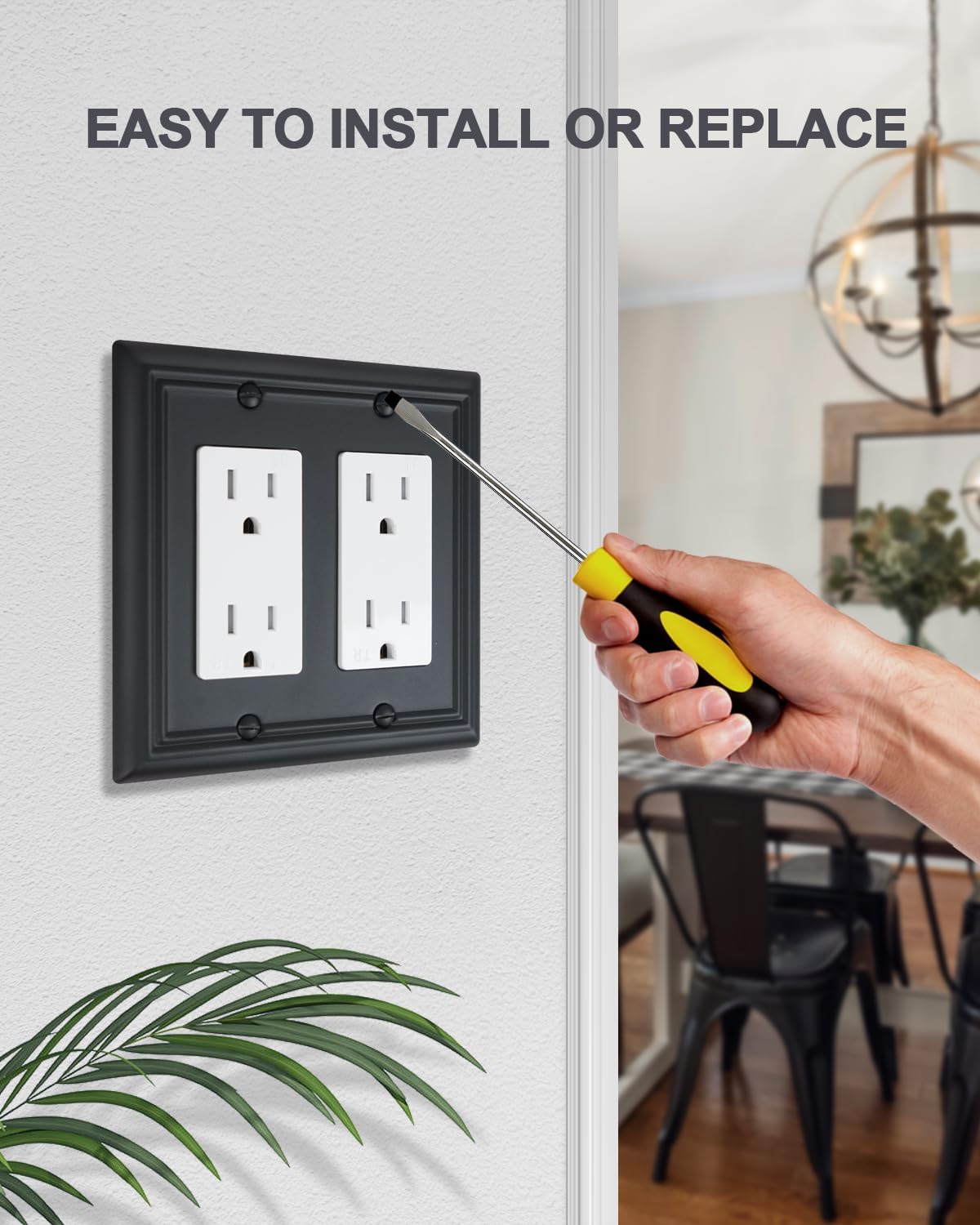 2-Pack Double Decorator Outlet Covers, Decorative Black Wall Plates, Metal Face Plates for Receptacle, GFCI Outlet, Dimmer Switch, 4.96''*4.88'', Midsize