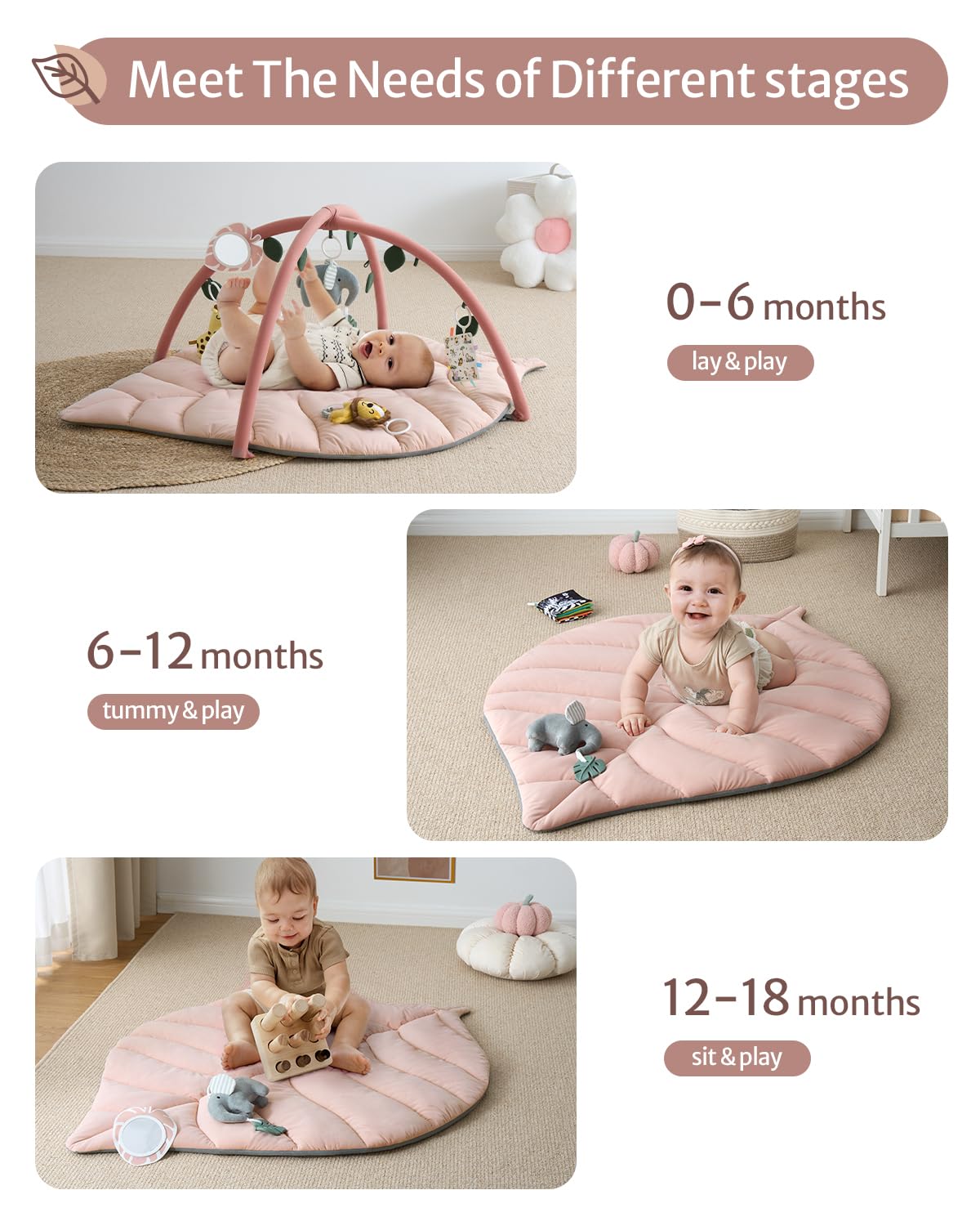 Blissful Diary Baby Play Gym & Activity Mat, Oversize Leaf Shaped Tummy Time Baby Play Mat w 6 Detachable Toys Promotes Motor Skills & Sensory Development, Newborn Infant Essentials Gift, Crystal Pink