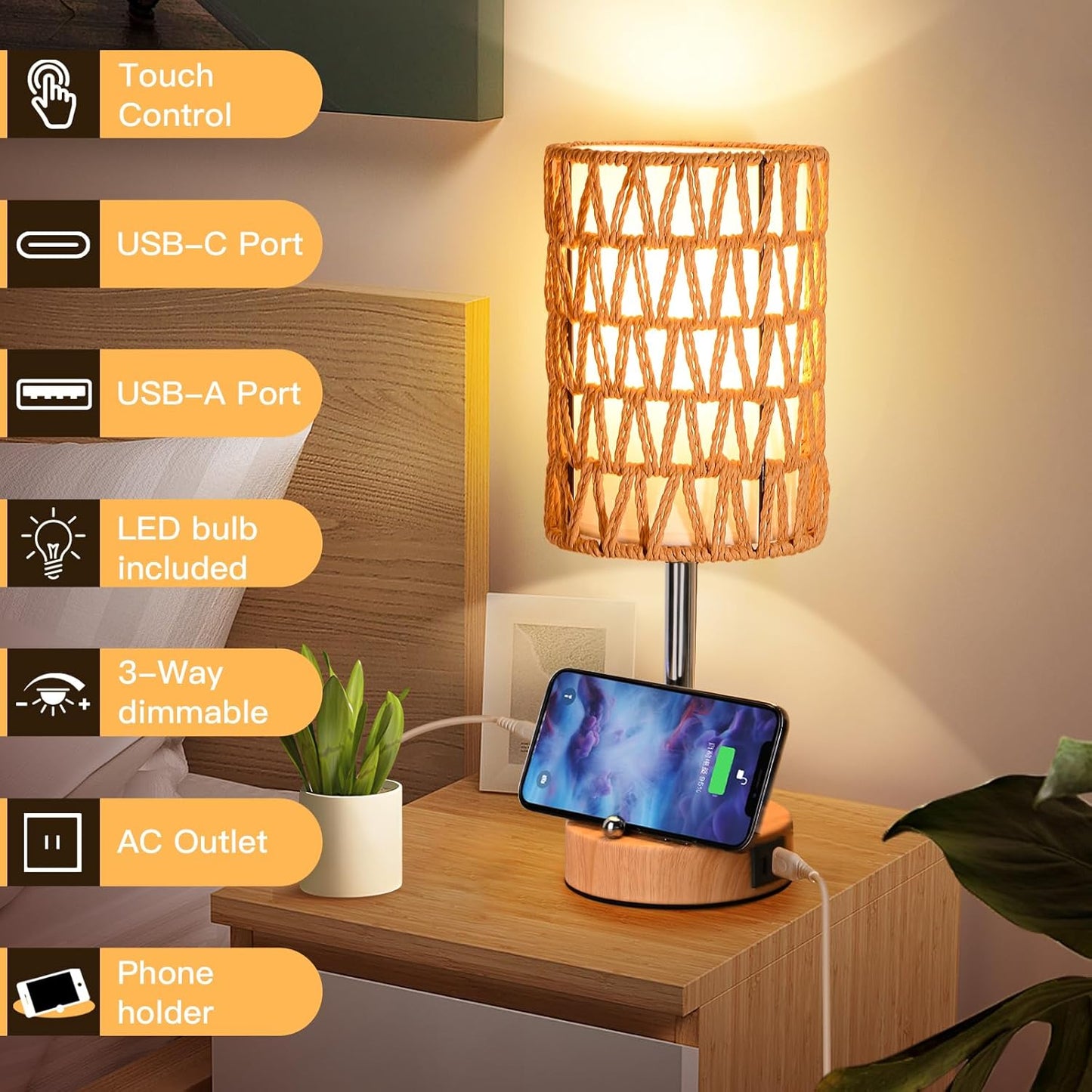 Rattan Table Lamps for Living Room, 3 Way Dimmable Touch Lamps, Small Bedside Lamps with LED Bulbs, Phone Stand, USB Ports and AC Outlet, Boho Nightstand Lamp for Bedroom Office (2 Pack Faux Wood)