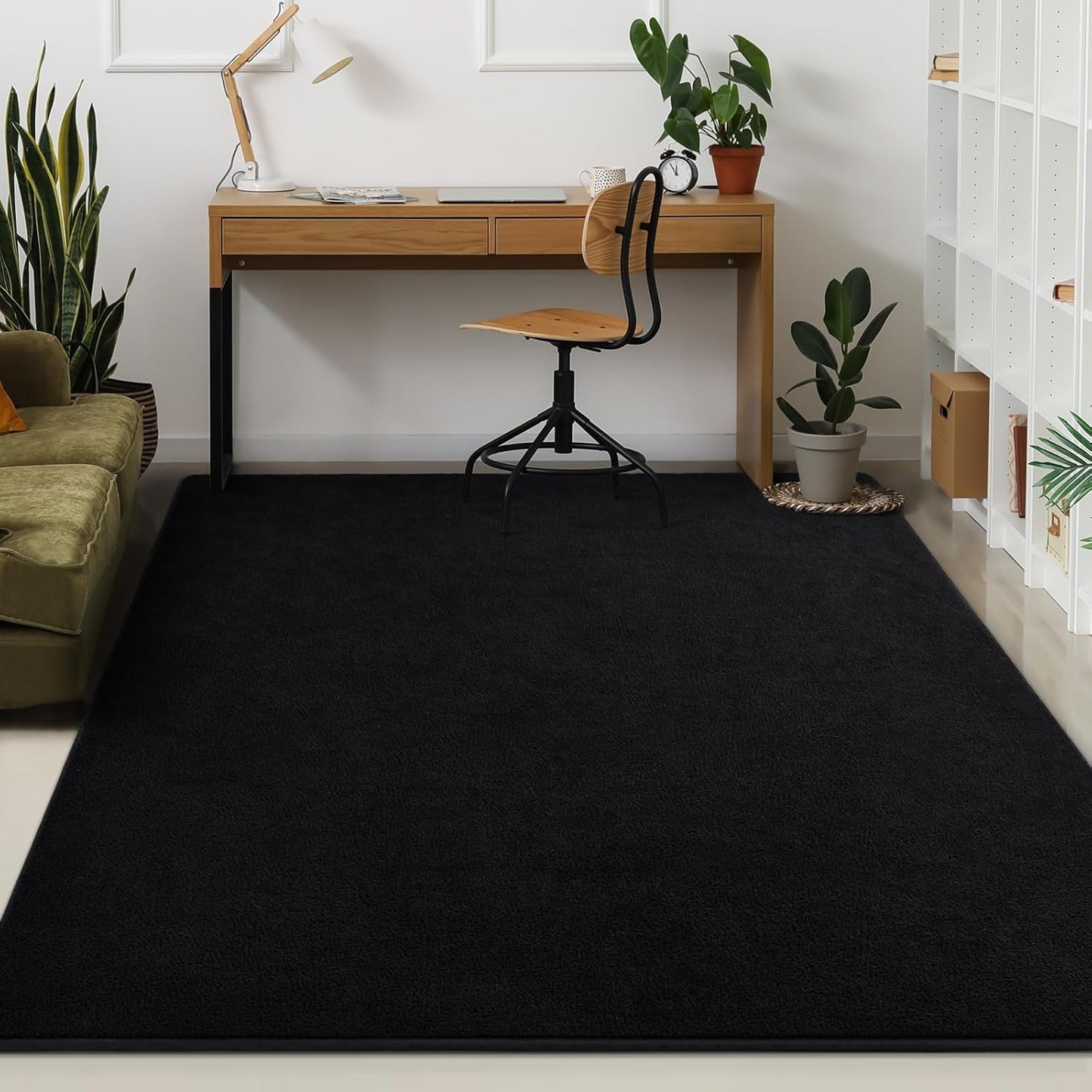 Kimicole 7x10 Washable Area Rugs for Living Room Bedroom, Large Low Pile Ulta-Thin Solid Color Rug, Non-Slip Soft Fluffy Carpet for Nursery Kids Room Dorm Room Home Decor (Black)