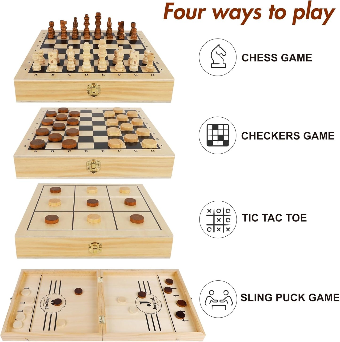 Juegoal 4-in-1 Wooden Fast Sling Puck Set for Kids and Adults, Chess, Checkers, Tic Tac Toe Games, Travel Portable Folding Tabletop Chess Board Game Sets, Interactive Families Toys