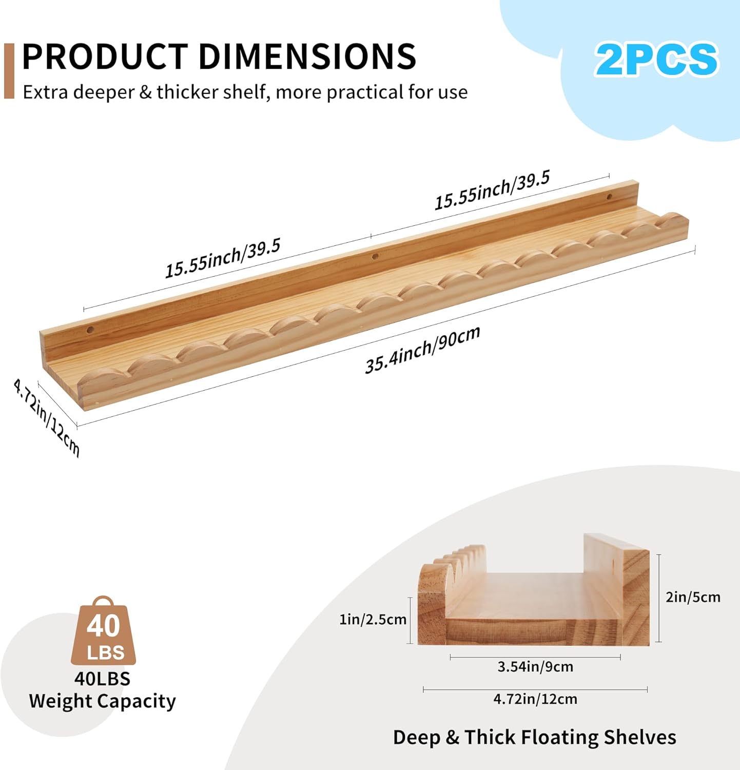 Nursery Book Shelves, Scalloped Floating Shelves Set of 2 Solid Pine Wood Wall Mounted Bookshelf with Wave Lip for Bedroom Kids, Toddler Room, Baby Room Natural 36inch