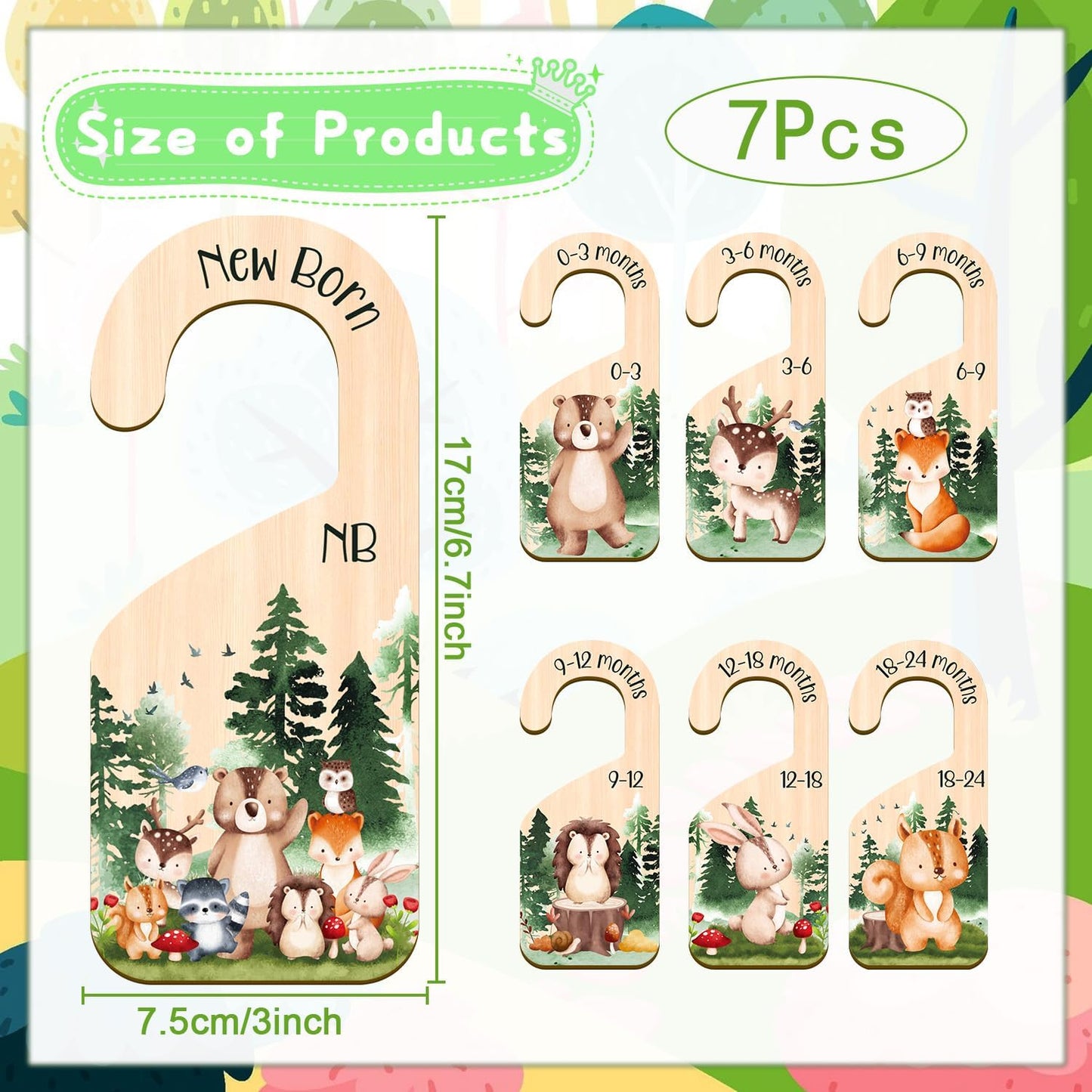 Animals Baby Closet Dividers, 7PCS Wooden Baby Clothes Dividers for Closet Organizers, Newborn to 24 Months Home Animals Theme Nursery Clothes Decor