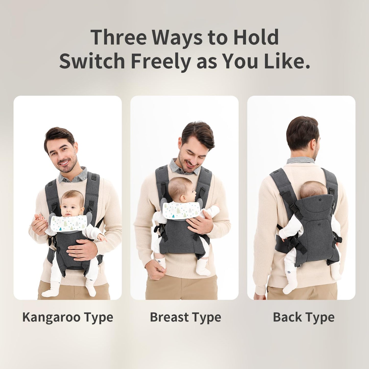 Baby Sling Carrier,4-in-1 Ergonomic Baby Backpack Front Carrier,Newborn to Toddler Wrap Lightweight Adjustable Baby Sling,Grey