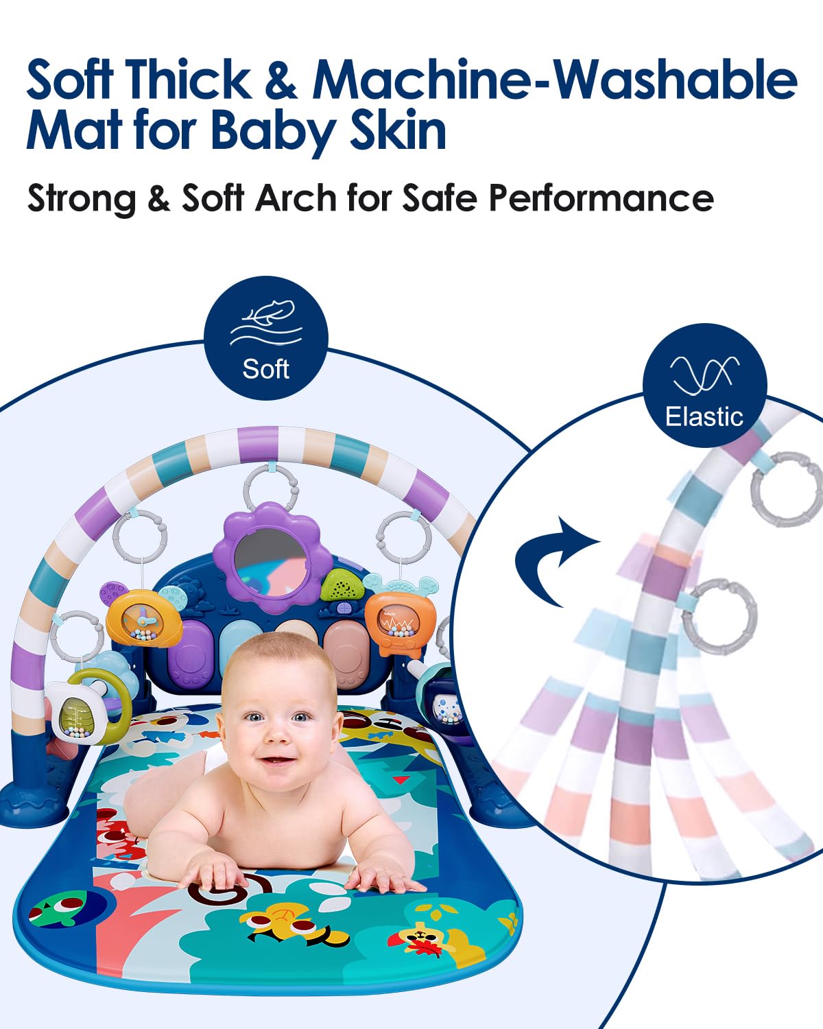 Dearlomum Baby Play Mat & Gym, Fun Piano Tummy Time Activity Mat with 5 Sensory Toys, Music & Lights - Boy & Girl Gifts, 0-12 Months (Blue)