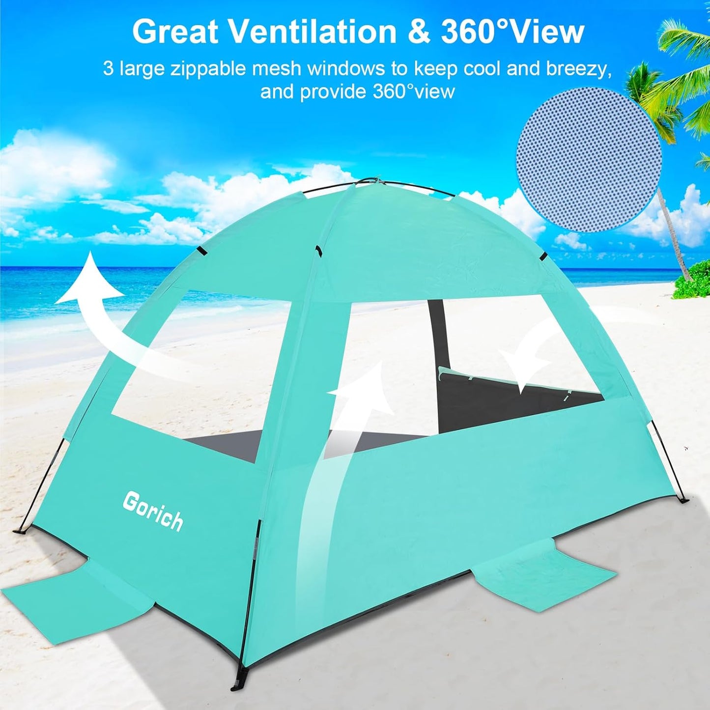 Gorich Beach Tent Sun Shelter for 3/4-5/6-7/8-10 Person with UPF 50＋ UV Protection, Lightweight & Easy Setup Beach Shade Canopy, Portable Beach Shade Tent Beach Cabana