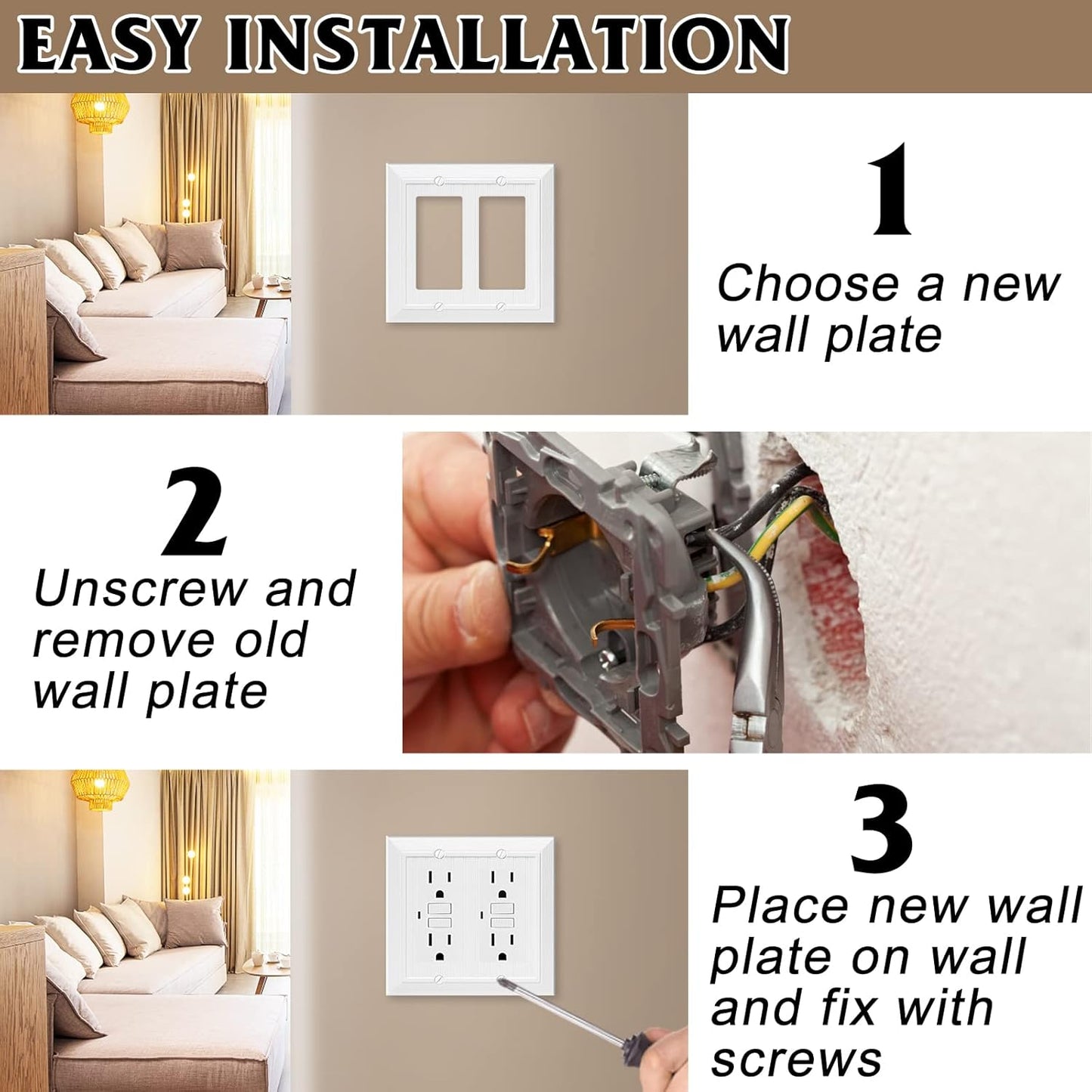 Modern Decorative Wall Plate Switch Plate Outlet Cover, Vintage Retro Wood Grain Design (Double Decorator-4 Pack, White)