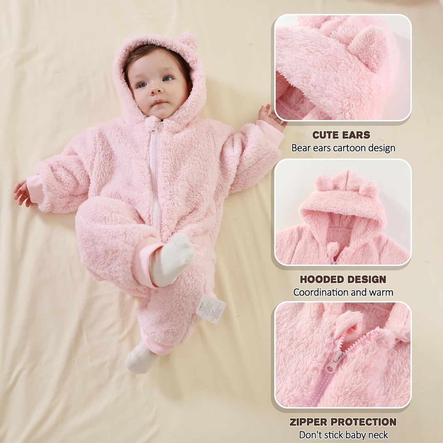 Newborn Baby Bear Outfit Suit Girls Boys Fleece Jumpsuit Romper Hooded Winter Snowsuit Clothes
