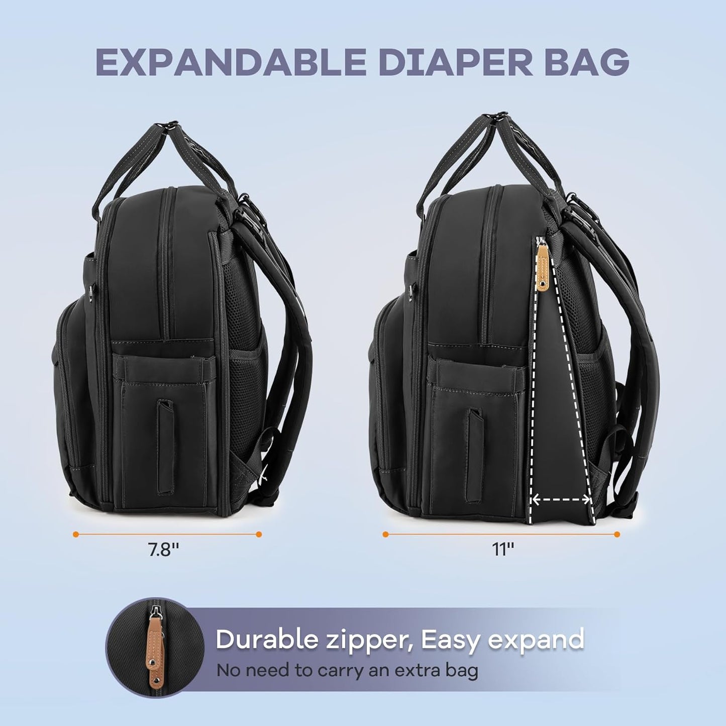 RUVALINO Diaper Bag Backpack-Expandable Baby Bag with up to 50% Capacity -Baby Essentials Bag with Changing Pad Insulated Bottle Holders & Pacifier Case, Waterproof, Black XL