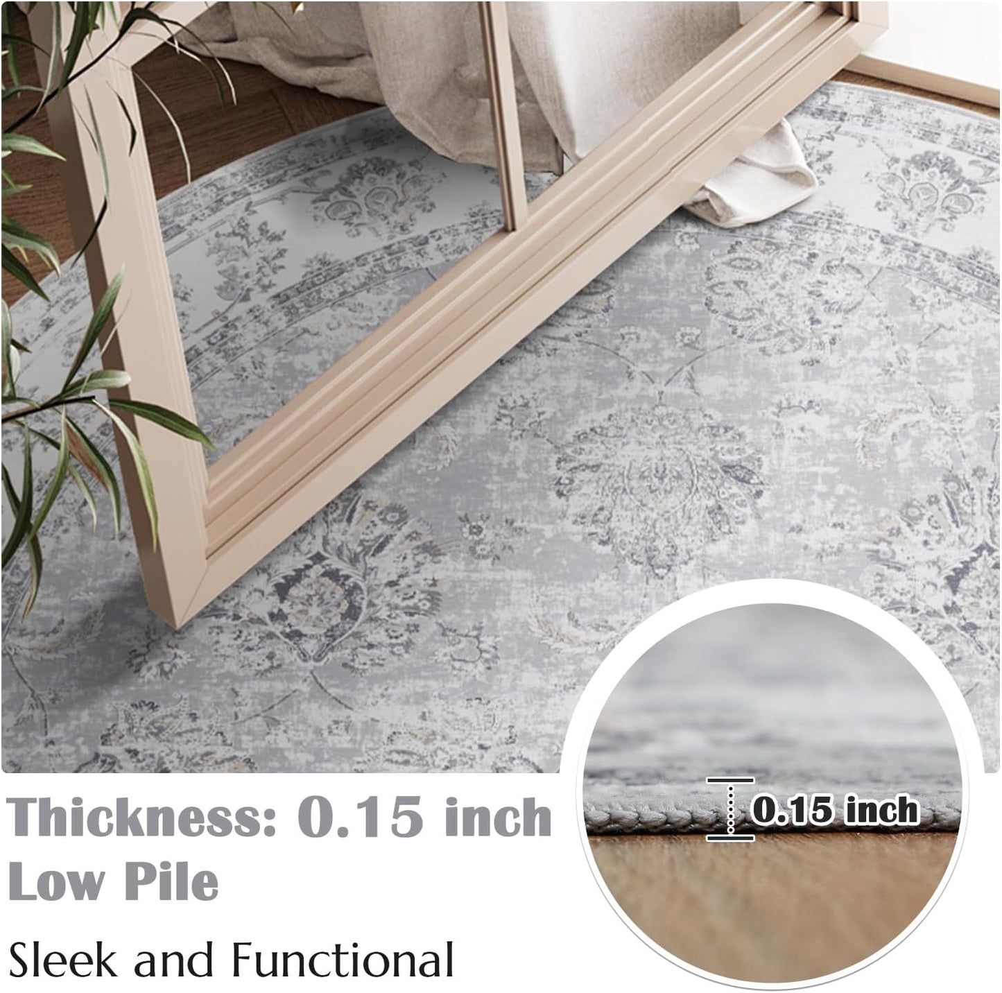 jinchan Round Rug 5ft Area Rugs Vintage Floral Distressed Design - Machine Washable Non-Slip Low-Pile Ultra-Thin Circle Rug for Entryway Bedside Living Room Dining Room Bedroom (5' Round,Grey)