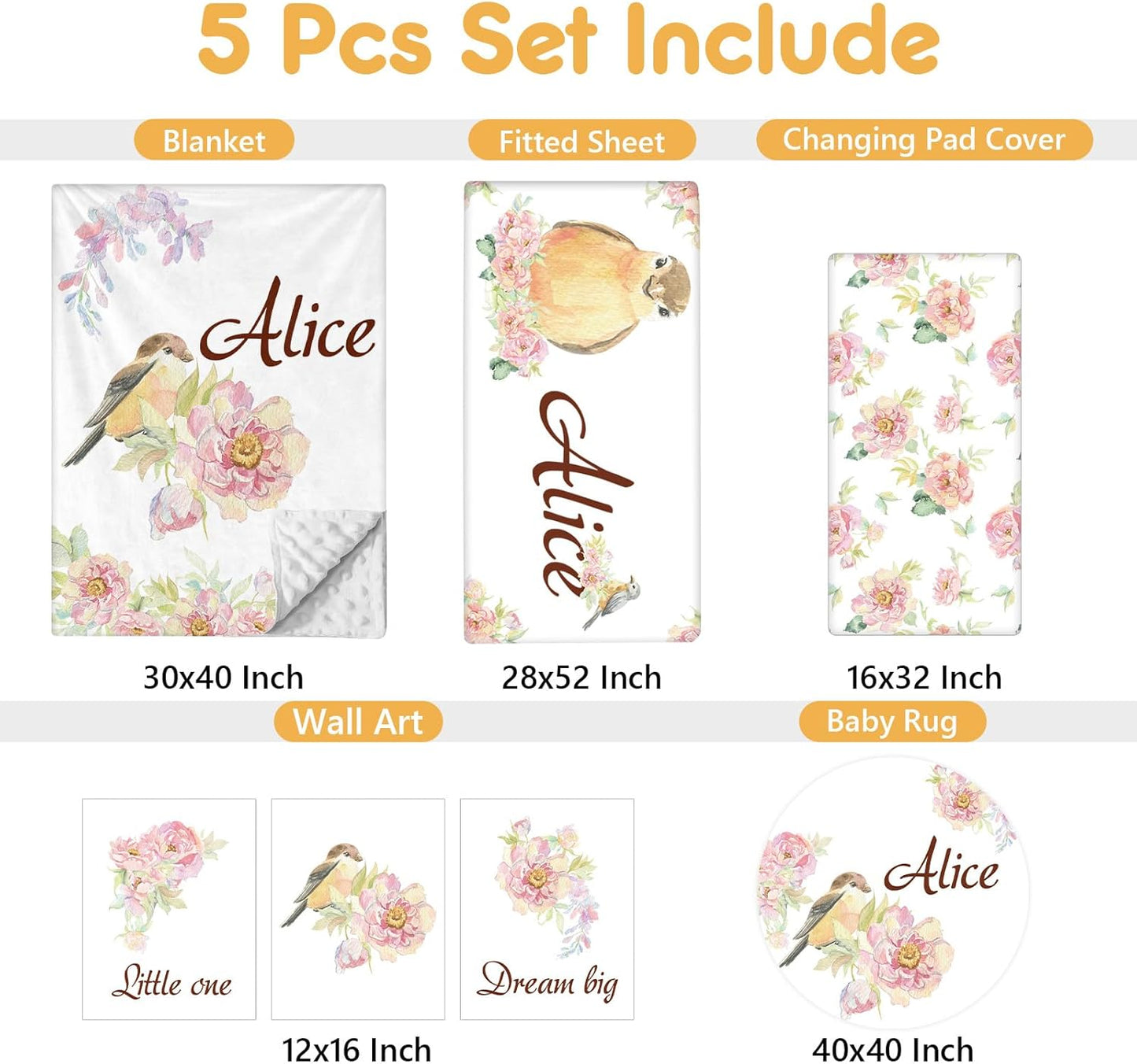 Custom Baby Bedding Set - 5 Pcs Customized Nursery Bedding Set with Name - Comfortable Double Layer Crib Sets for Girls Boys - Personalized Gifts for Infants Toddlers New Parents - Floral Bird