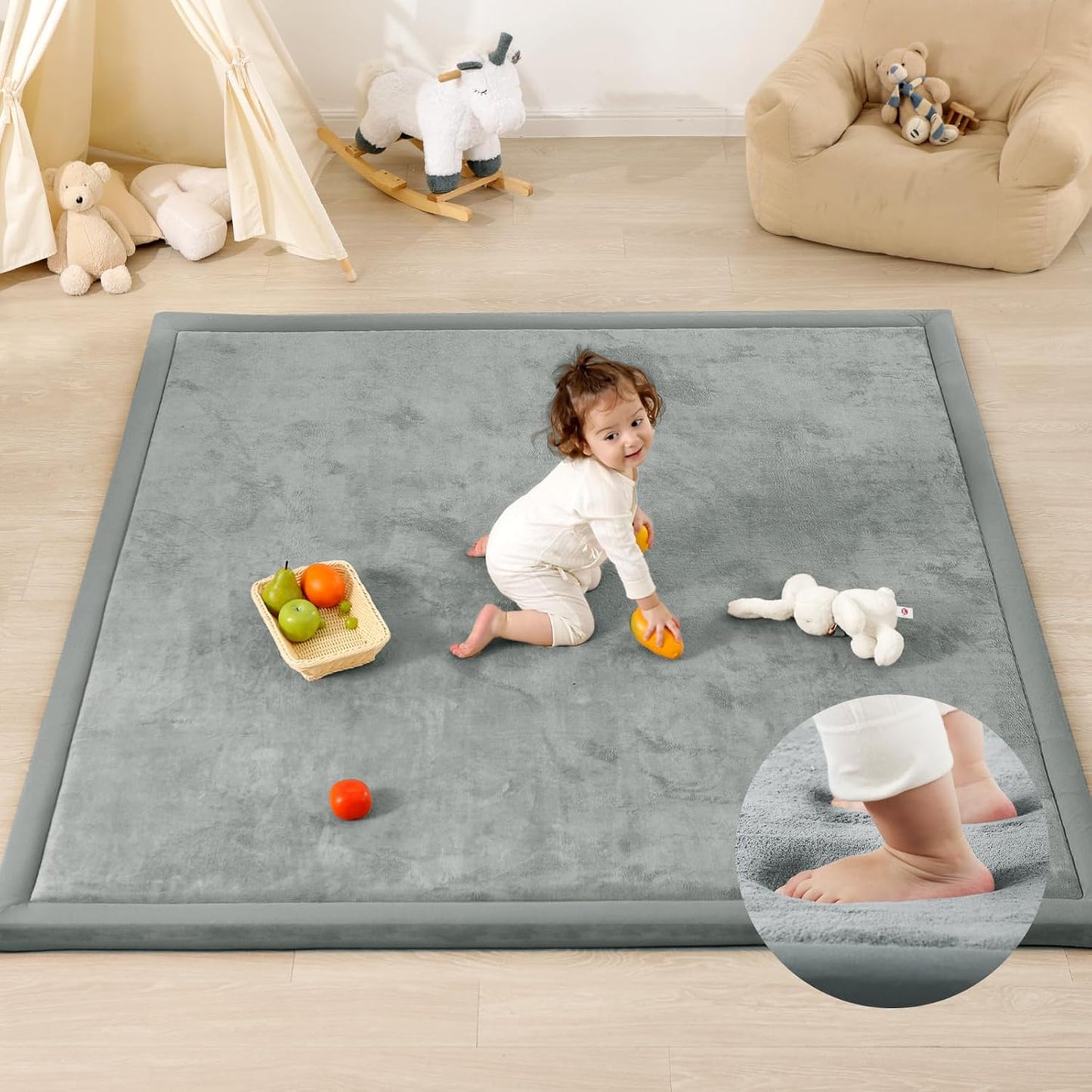 Ultra Soft Baby Play Mat,1.3" Thick Elasti-Foam Tummy Time Mat for Infants,Toddlers,Kids,Water-Repellent Coral Fleece Nursery Rug,Non-Slip Safe for Crawling&Hardwood Floors(Light Grey)