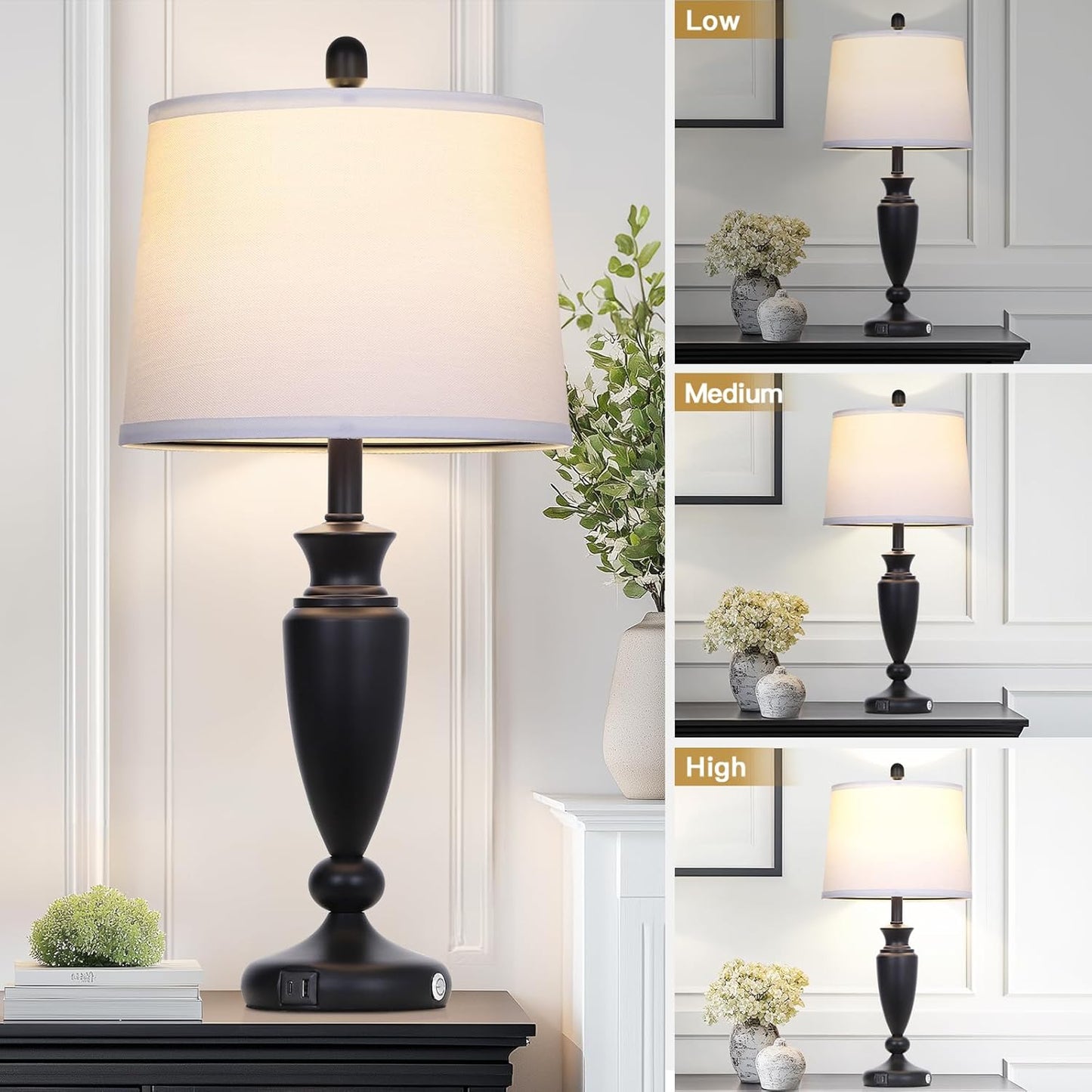 27'' Black Table Lamps Set of 2, 3 Way Touch Control Living Room Lamps with USB A+C Ports, Modern Bedside Lamps, Elegant Metal Nightstand Lamps for Bedroom Office End Table Decoration