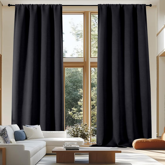 Simplebrand Ava Blackout Extra Long 10ft Curtains for Patio 120 Inches Long 2 Panels Set, Solid Thermal Insulated Energy Saving Rod Pocket Window Treatment Curtains Blackout Drapes, 50 Wx120 L, Black