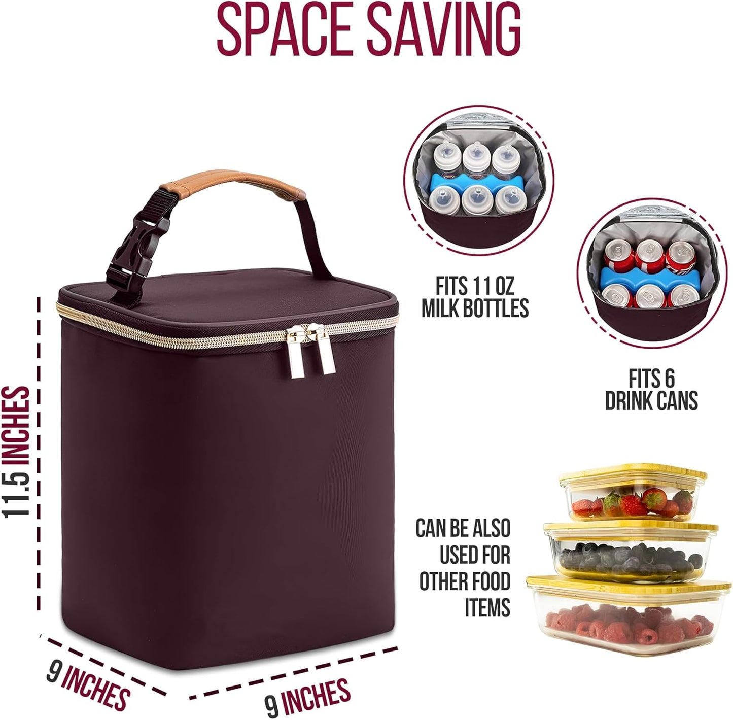 BreastMilk Cooler with Ice Packs and Tote Bags for Nursing, Large Capacity, Waterproof, Fits 9 Baby Bottles Up to 11 oz, Dark Brown