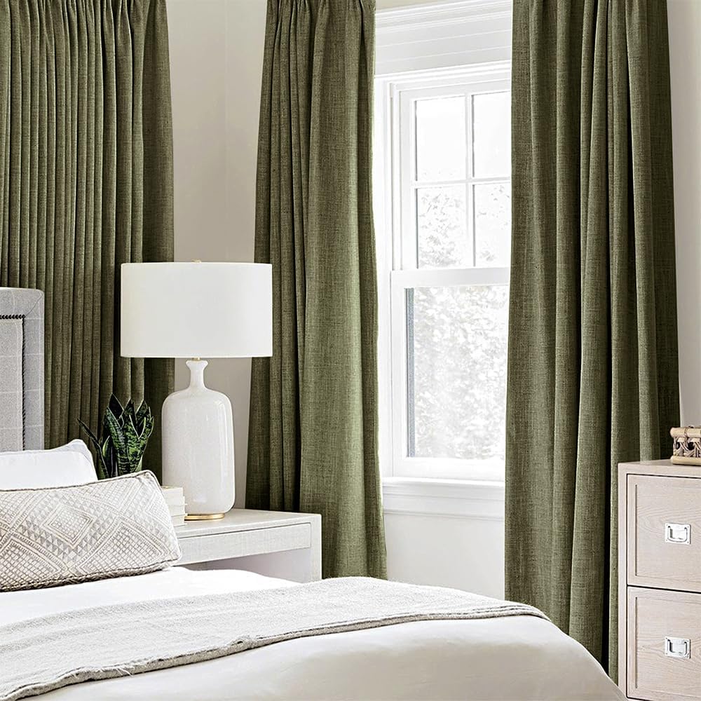 MIULEE Linen Texture Curtains for Bedroom Solid 100% Blackout Thermal Insulated Light Olive Green Curtains Grommet Room Darkening Drapes for Living Room Nursery 52x84 Inch (2 Panels)