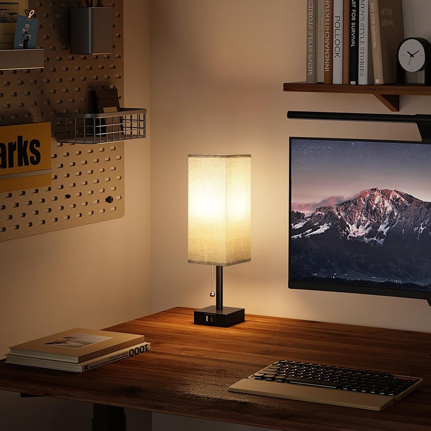 Bedside Table Lamps Set of 2 - Gray Bedroom Lamps with 3 Color Temperatures (3000K/5000K/4000K), Square Nightstand Light with USB C + A Charging Ports, Pull Chain Small Night Light