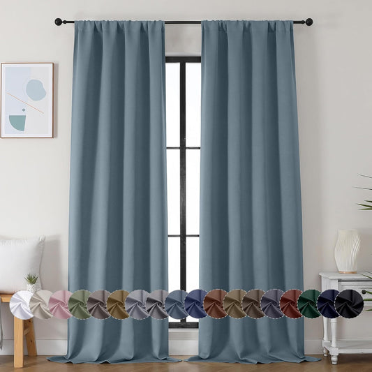 Simplebrand Ava Stone Blue Blackout Curtains for Bedroom 90 Inches Long 2 Panels Set, Solid Privacy Energy Saving Living Room Window Treatment Curtains Blackout Drapes, W40 x L90 Inch, Stone Blue