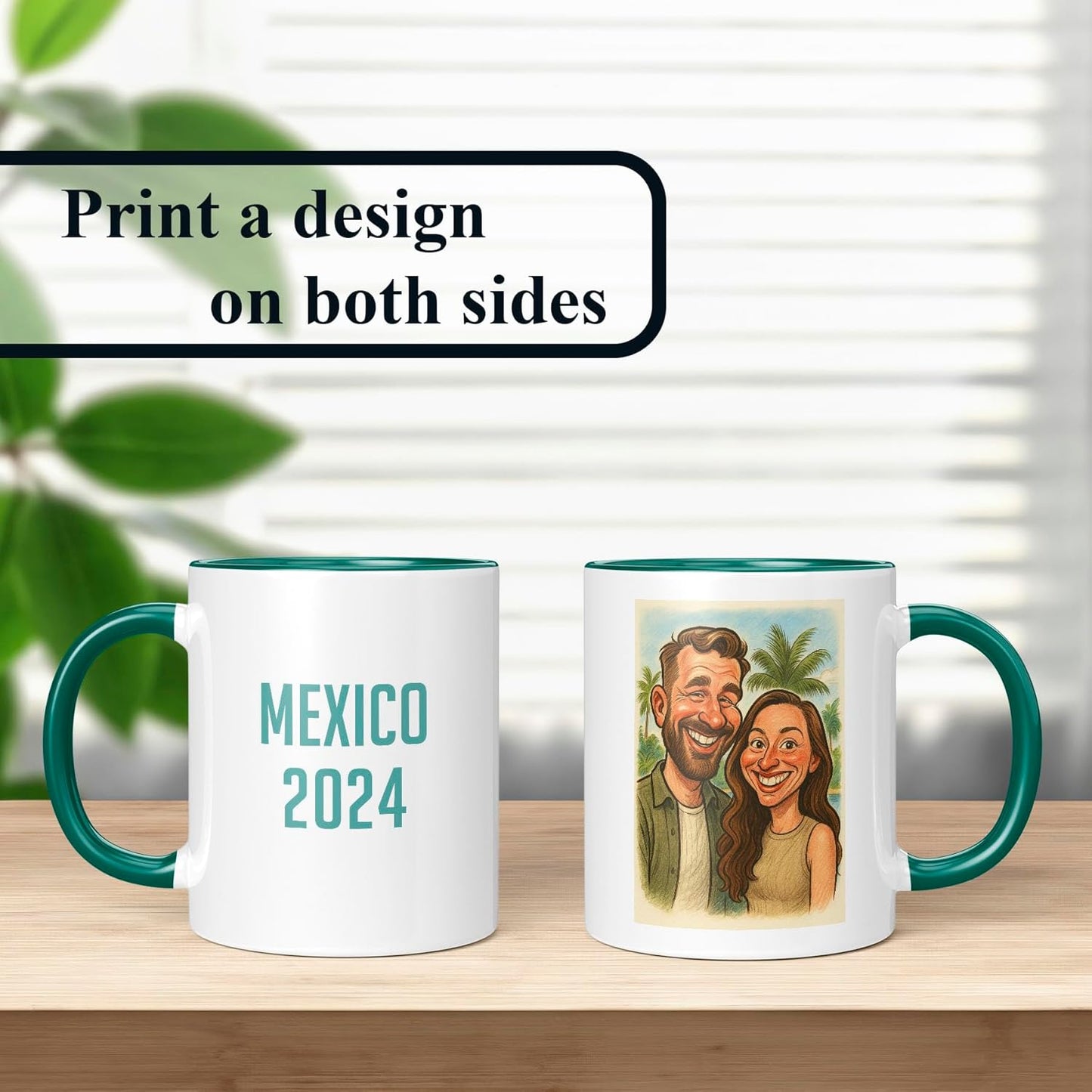 Personalized Coffee Mug, Custom Photo Caricature Gift, Funny Customized Coffee Gift for Men & Women, Custom Mugs with Pictures, Green 11oz Customized Fathers Day Mug