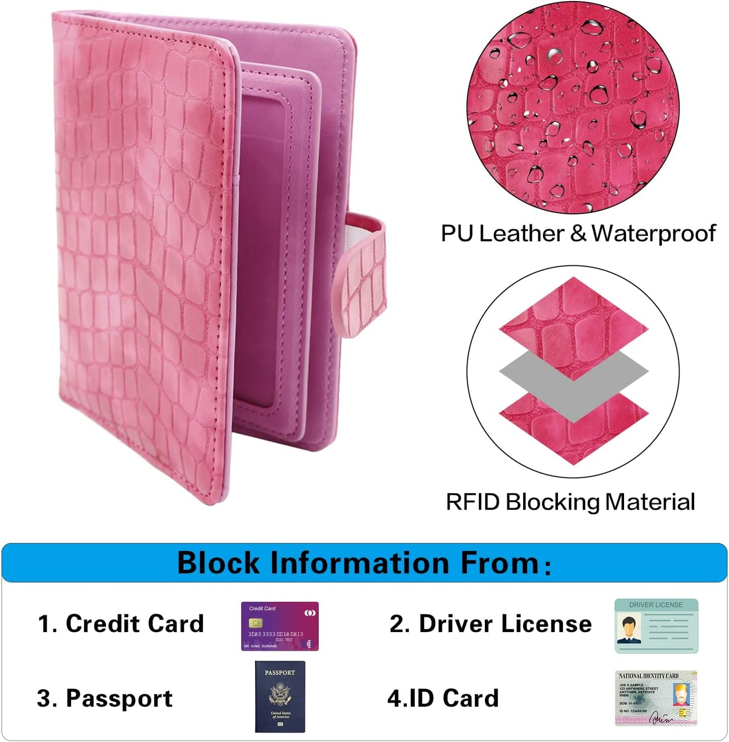 Melsbrinna Unisex Adult Travel Wallet, RFID Protected, Pink Faux Leather Passport Cover with 6 Compartments and 4 Card Slots