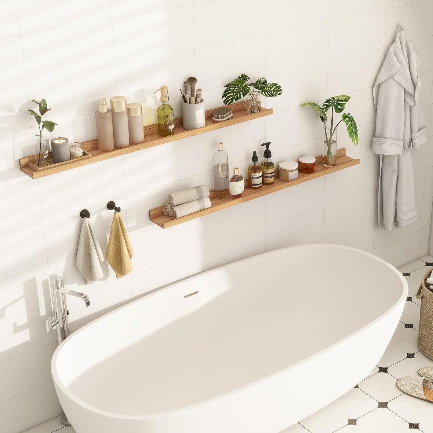 Picture Ledge Shelf, 48 Inch Long Floating Shelves for Wall, Nursery Bookshelf for Storage with Lip, Rustic Elm Wood Photo Ledge Shelves for Bedroom, Living Room, Kitchen (Natural, 48in Set of 2)