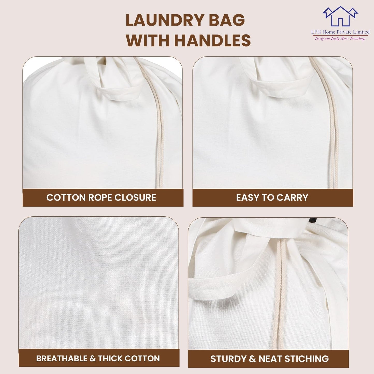 LFH Home Cotton Canvas Extra Large Laundry Bag with Handle, Heavy Duty Drawstring Closure Washable Laundry Bags School Travel, Home, Hotel, College Dorm, Organizer Sack, Toys Clothes 28x40-White