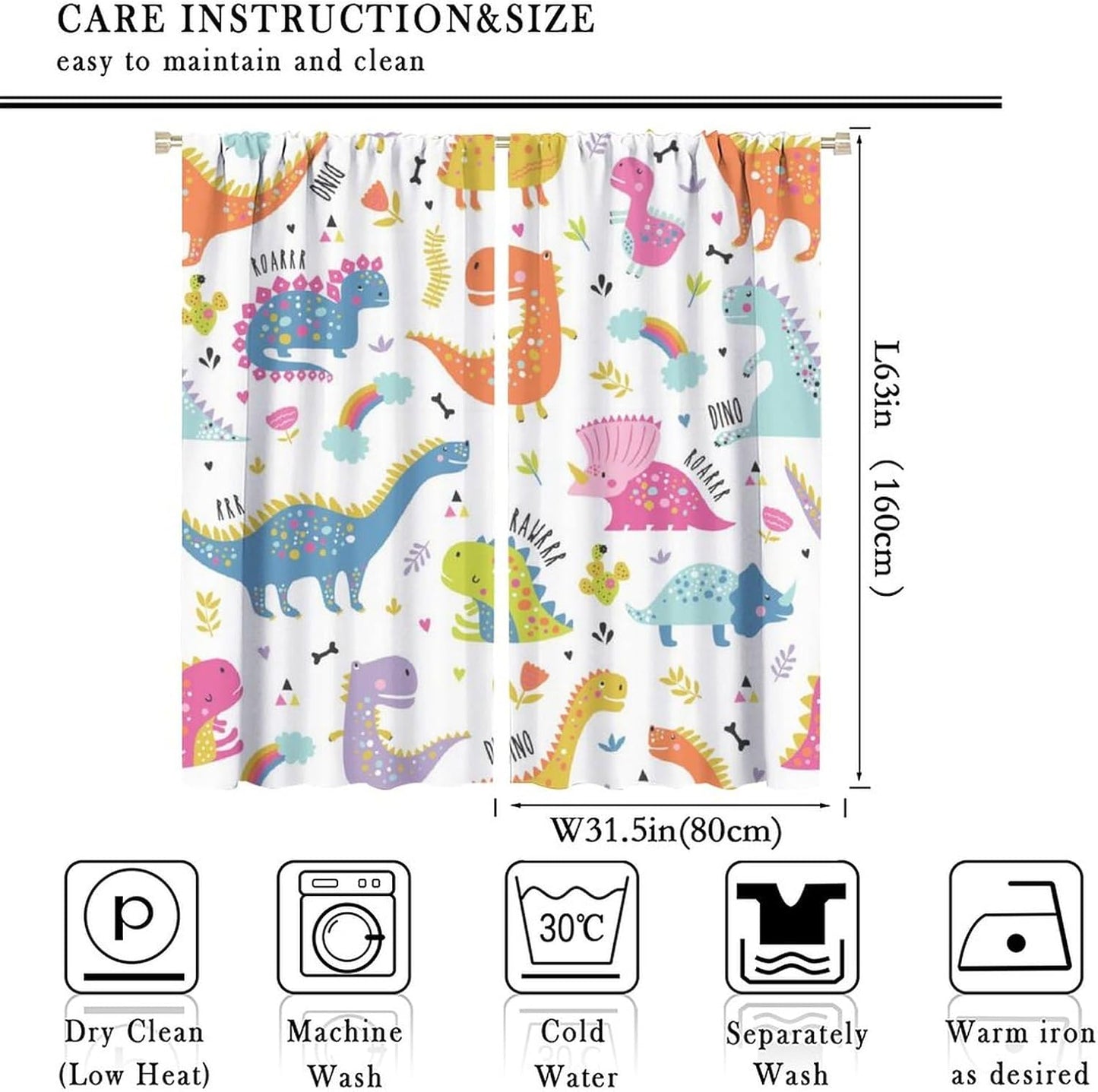 Cartoon Dinosaur Curtains for Kids Boys Girls Home Decor Childish Cute Dino Animals Print Pattern Rod Pocket Blackout Window Drapes for Nursery Baby Bedroom Playroom W31.5xL63in 2 Panels