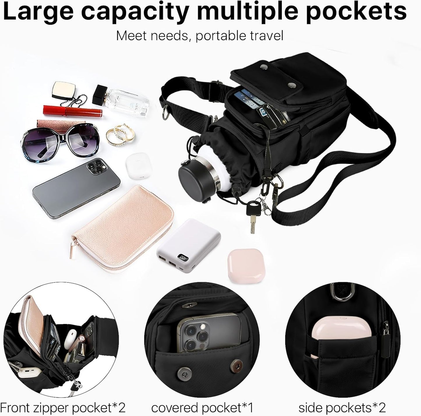 Water Bottle Holder with Strap 32 40oz Crossbody Insulated Water Bottle Carrier Sling Bag with Adjustable Wide Strap and Phone Purse 5 Pockets for Walking Hiking Gym Travel