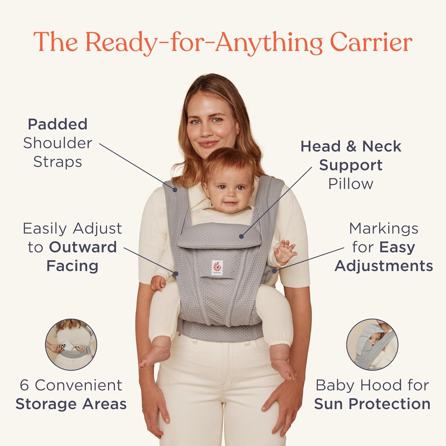 Ergobaby Omni Deluxe Baby Carrier Newborn to Toddler - Breathable Baby Carriers for Summer - All-Position Carrier with Enhanced Lumbar Support & Airflow (7-45 Pounds), Natural Linen
