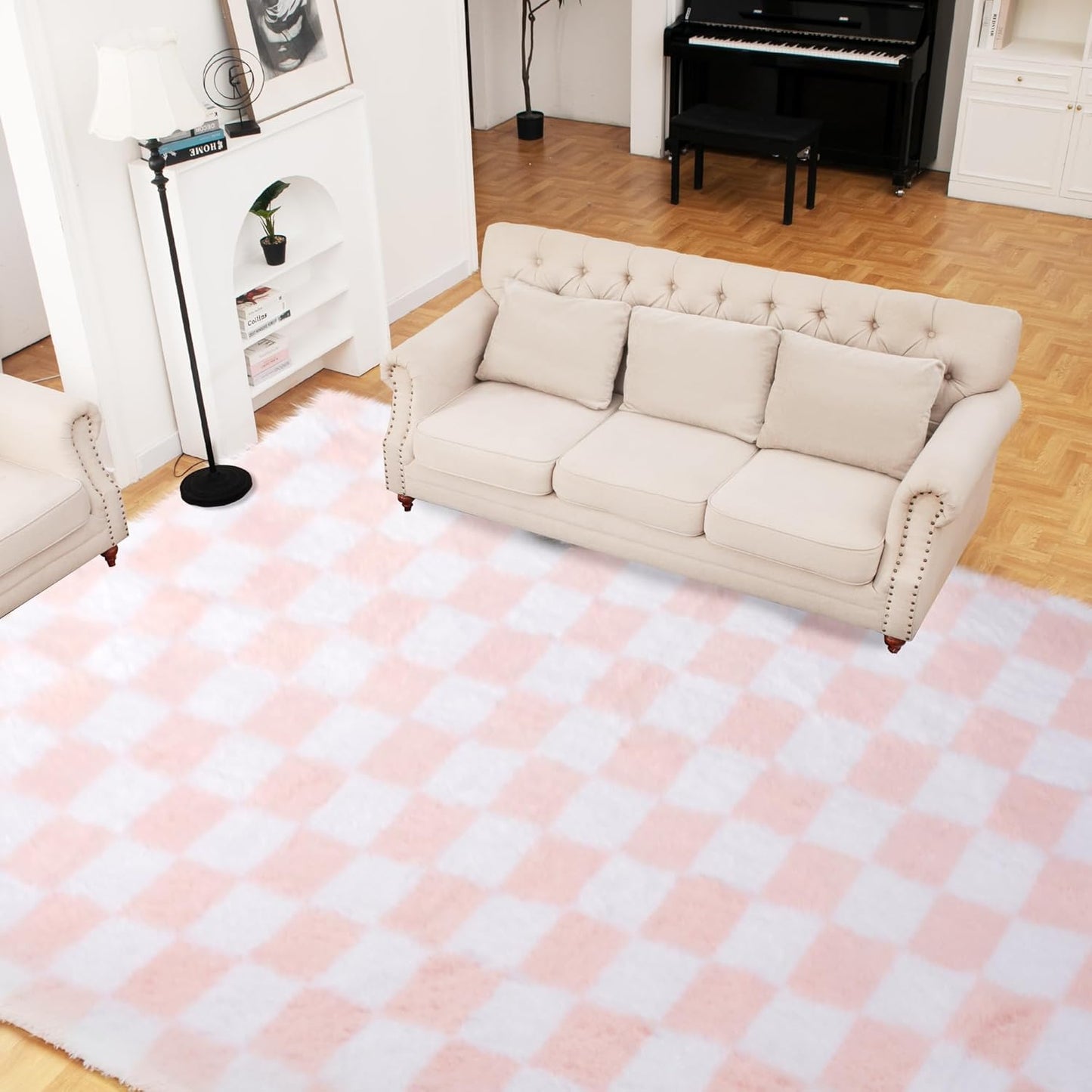 Super Soft Rug for Bedroom, 5x7 Ft Pink and White Area Rug Classic Checkered Shaggy Anti-Skid High Pile Soft Fluffy Rug Fuzzy Carpet for Living Room Bedroom Kids Room Nursery, Dorm Home Decor