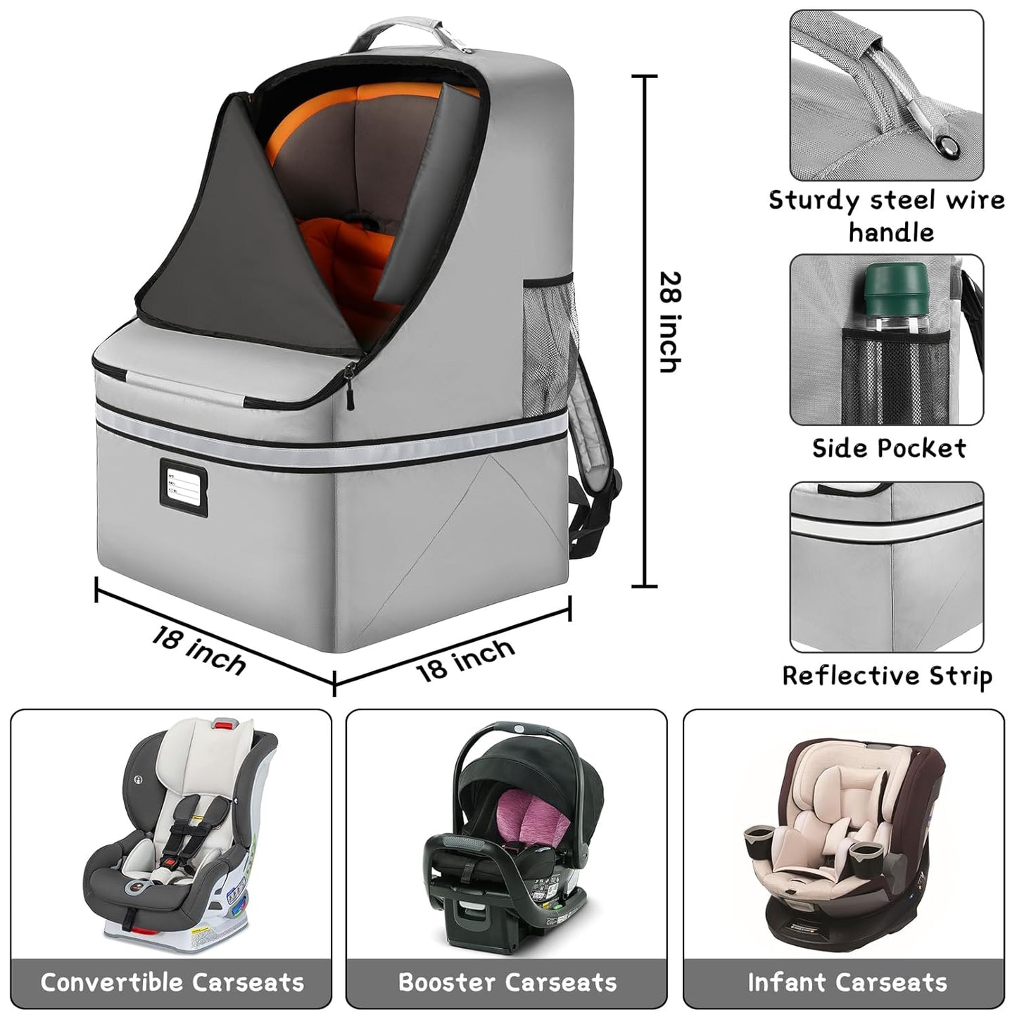 Car Seat Travel Bag,Padded Car Seats Backpack with Steel Cable Handle and Reflective Stripes, Large Durable Carseat Carrier Bag,Airport Gate Check Bag,Infant Seat Travel Bag with Shoulder Strap,Grey