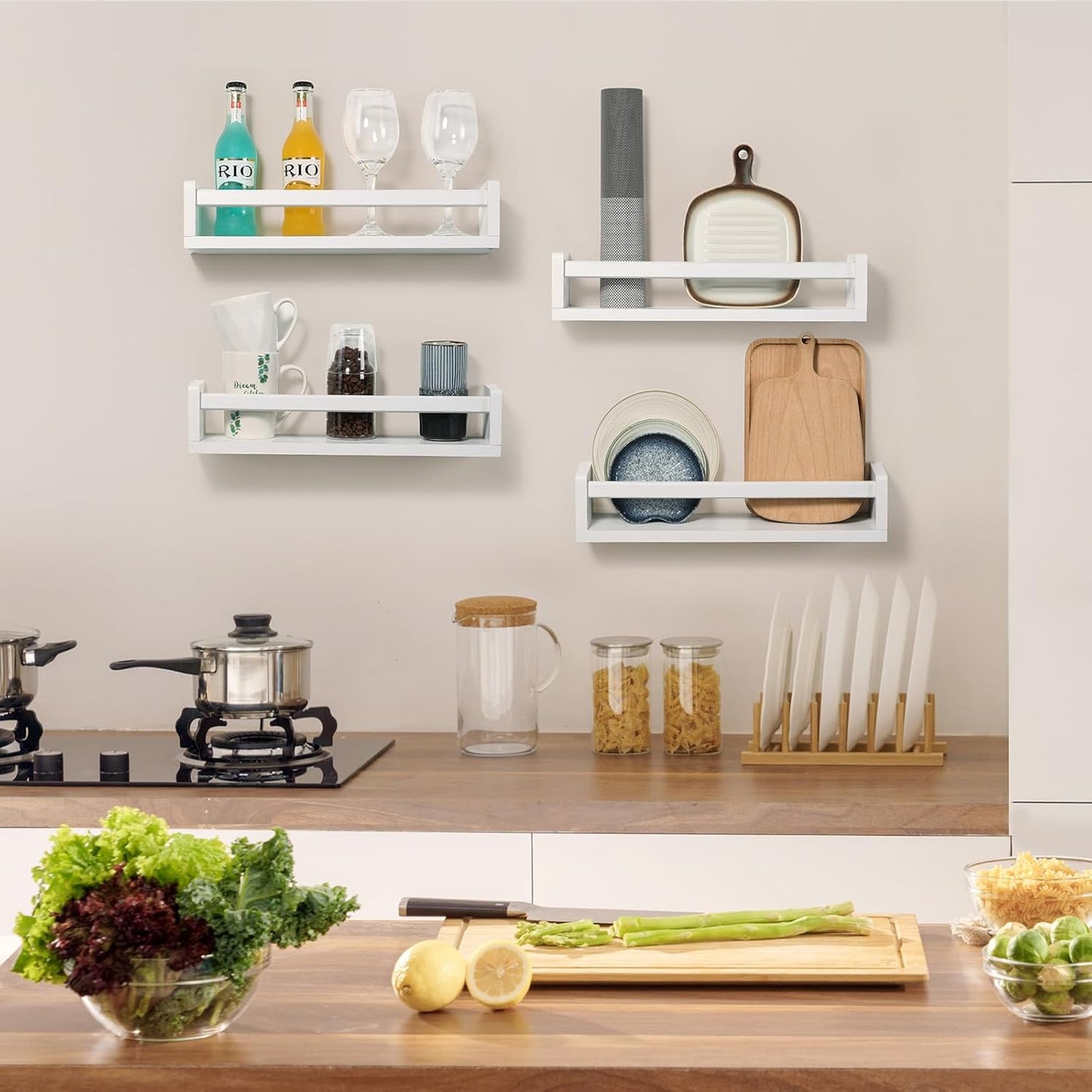 Nursery Room Shelves Set of 4, Wood Floating Book Shelves for Kids Room, Baby Book Shelf for Nursery, Kitchen Spice Rack (Classic White)