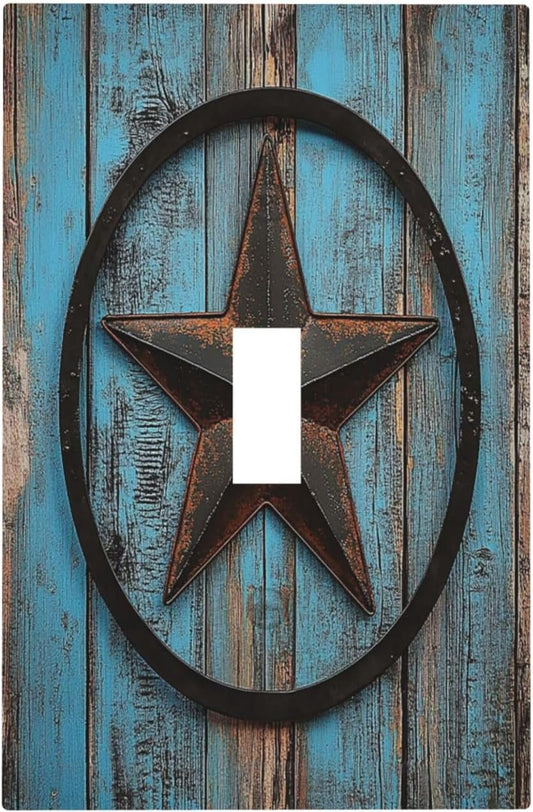 Decorative Light Switch Cover Rustic Wood Country Barn Texas Star On Teal 1 Gang Single Toggle Device Electrical Faceplate Switchplates Decorator Outlet Wall Plate For Farmhouse Cabin