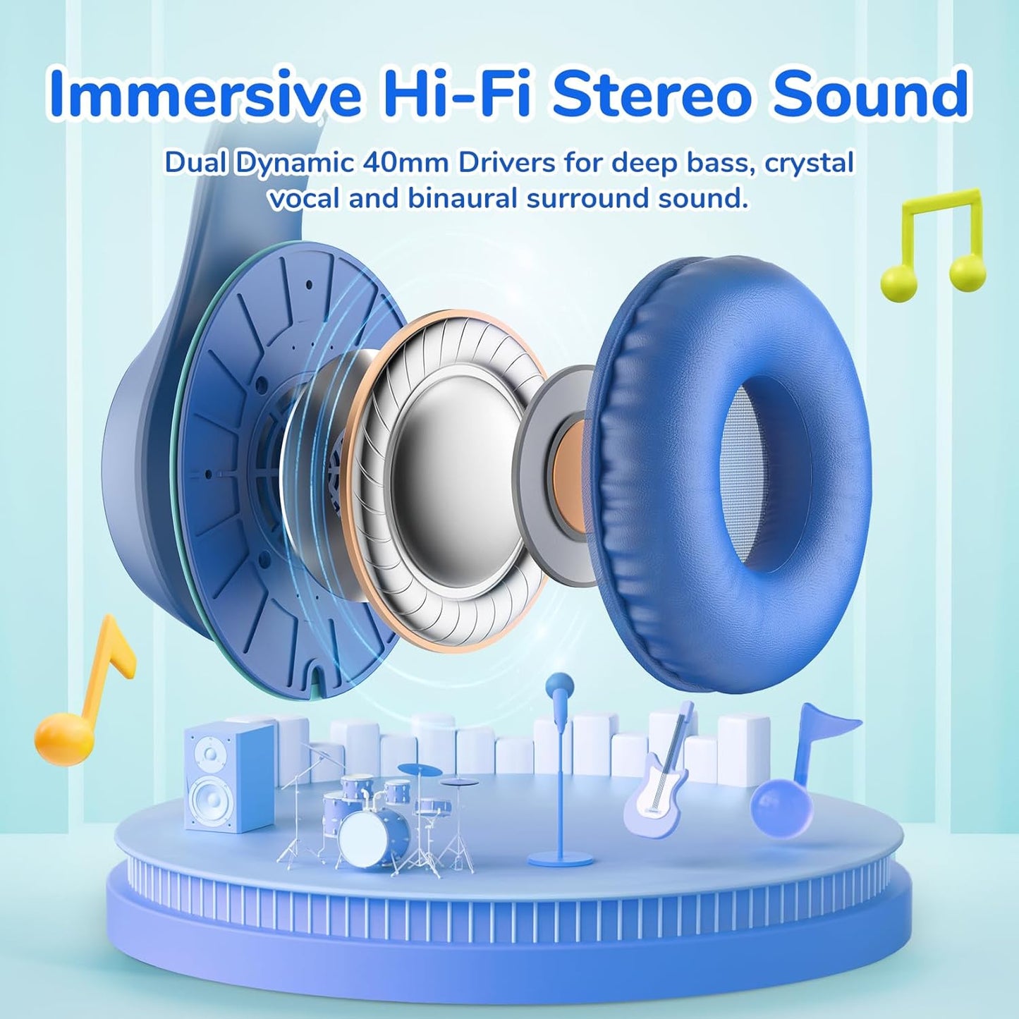 EarFun K3 Kids Headphones, Over Ear Headphones for Kids, Volume Limit, HD Stereo Sound, USB-C Cable, Comfortable Fit, Foldable Wired Headphones for School/Travel/Boys/Girls/Tablet/iPad, Blue